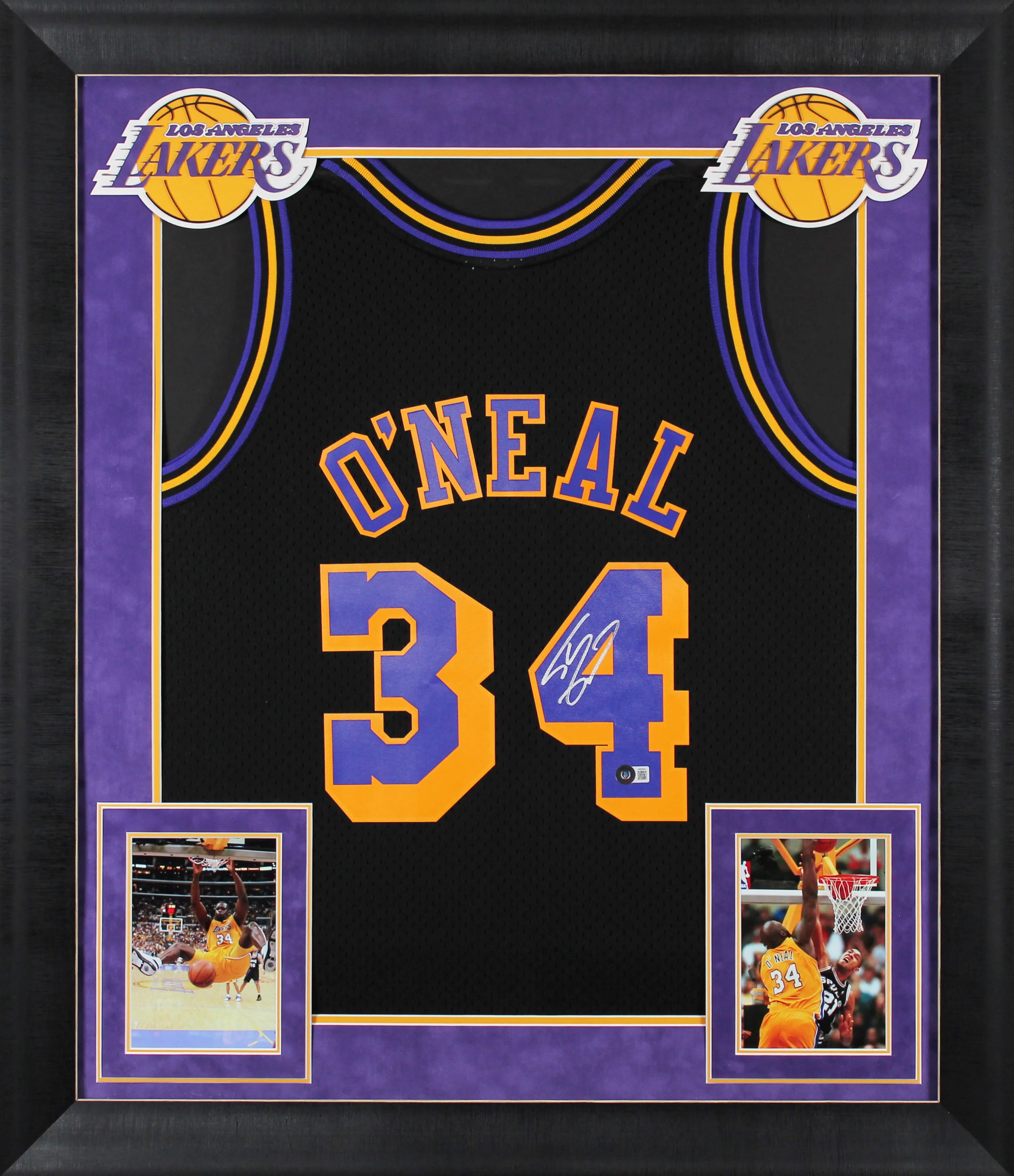 Lakers Shaquille O'Neal Signed Black M&N 96-97 HWC Swingman Framed Jersey BAS W - Image 2