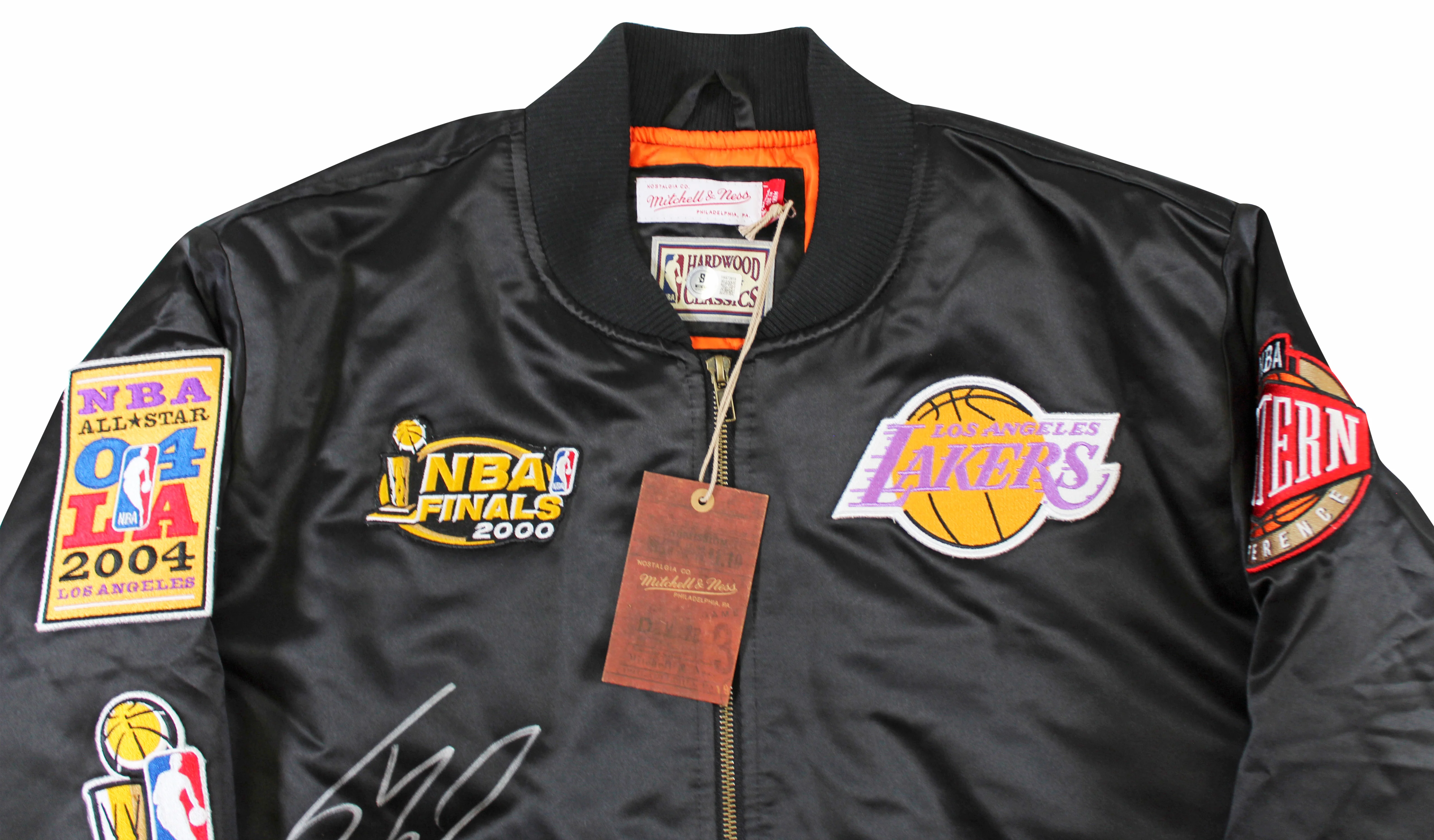 Lakers Shaquille O'Neal Signed Black NBA Champs M&N Bomber Jacket BAS Witnessed - Image 4