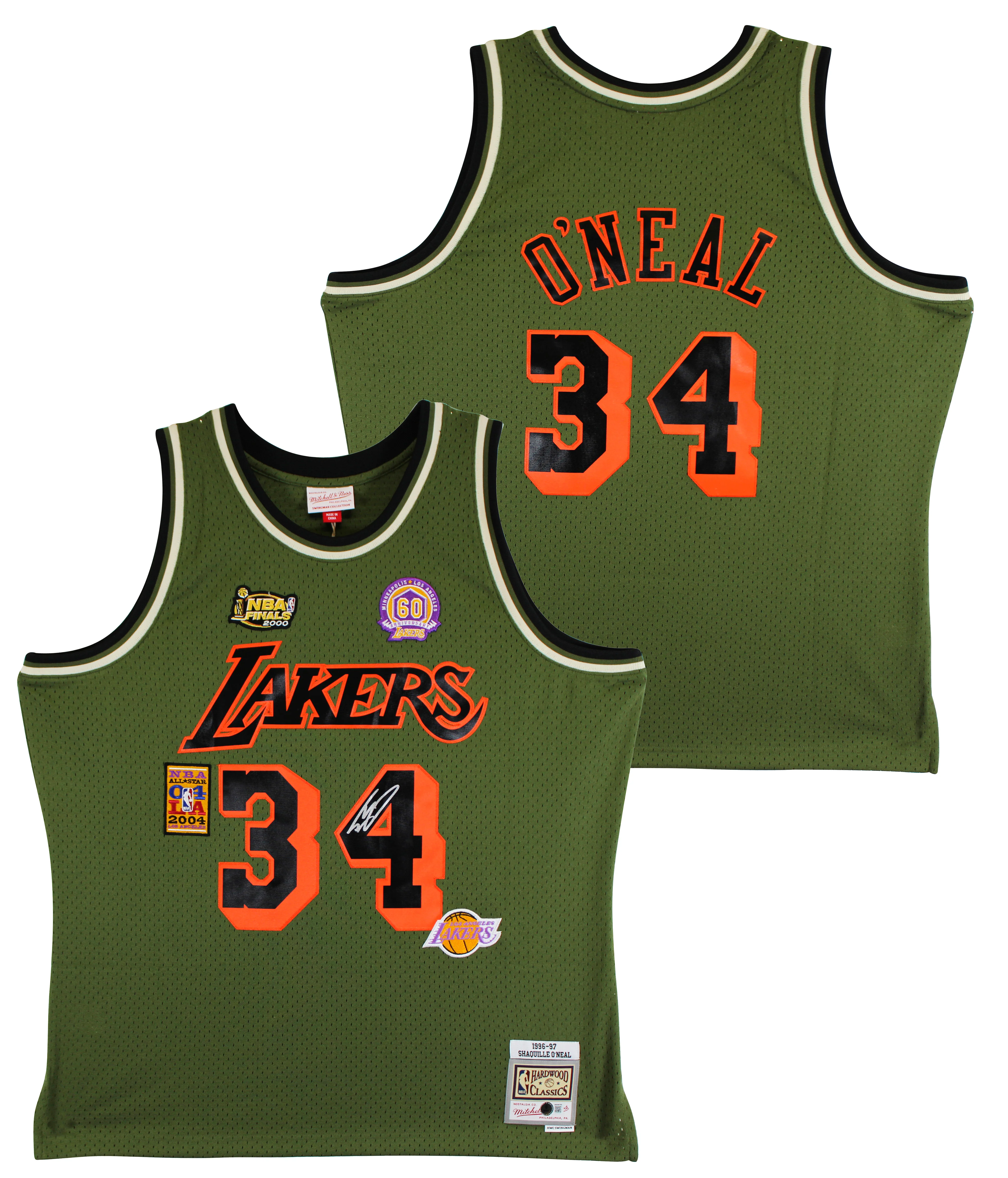 Lakers Shaquille O'Neal Signed Green M&N 1996-97 HWC Swingman Jersey BAS Witness - Image 2