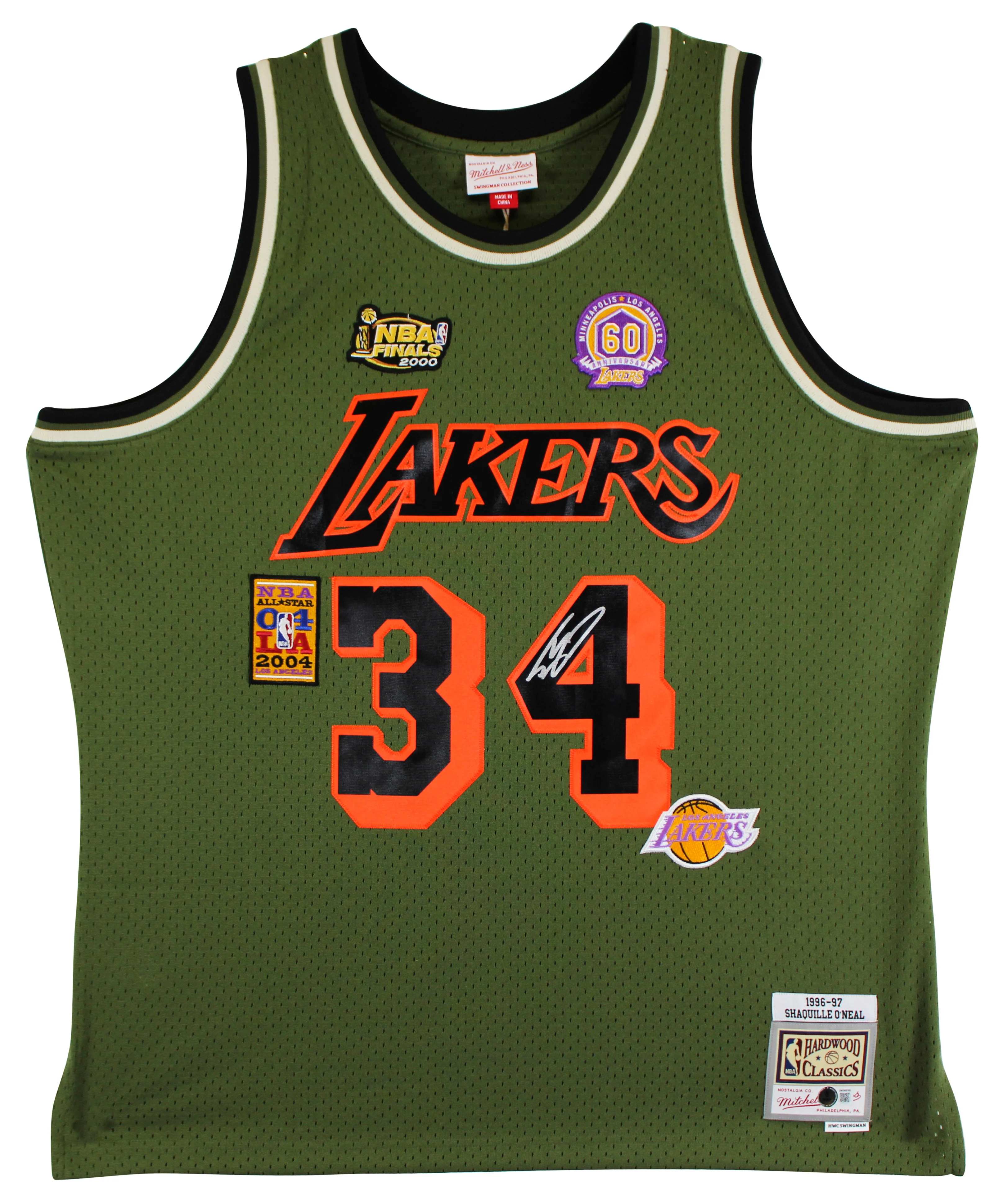 Lakers Shaquille O'Neal Signed Green M&N 1996-97 HWC Swingman Jersey BAS Witness - Image 3