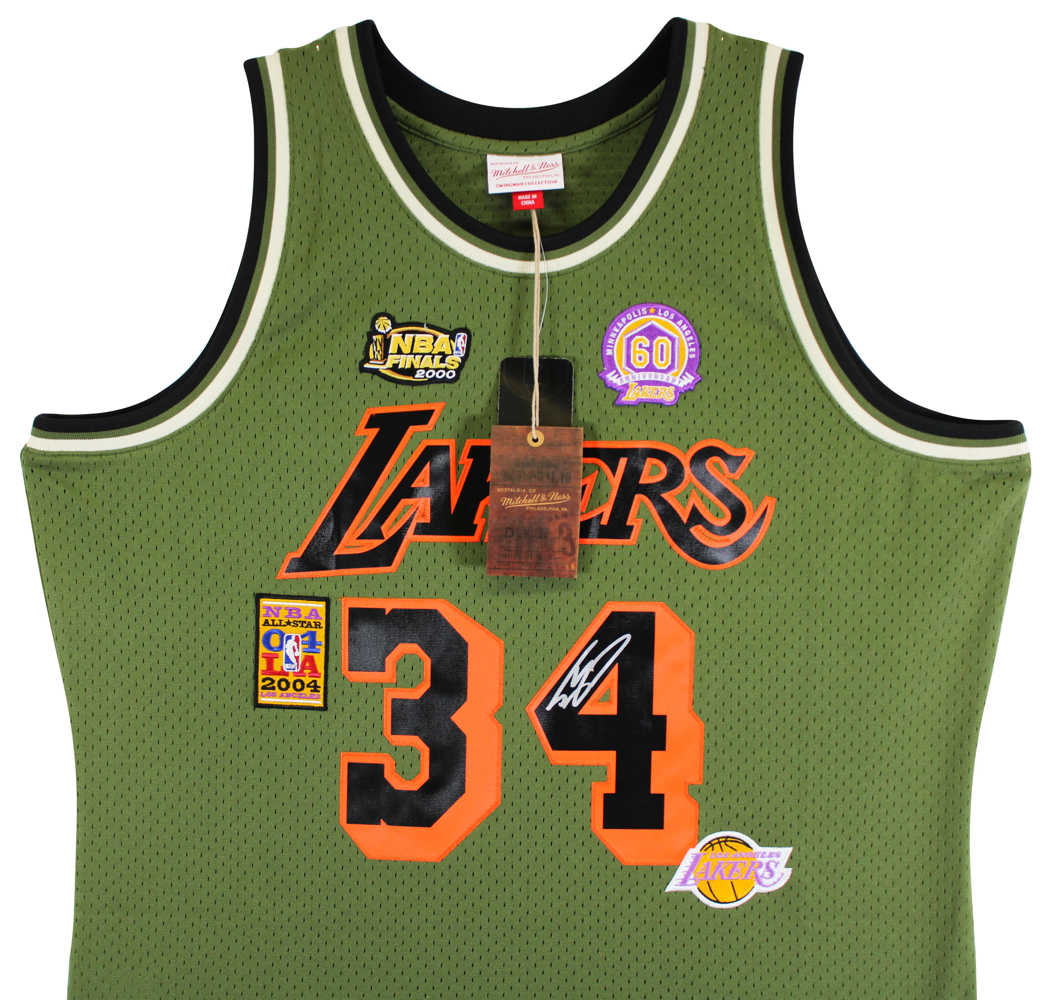 Lakers Shaquille O'Neal Signed Green M&N 1996-97 HWC Swingman Jersey BAS Witness - Image 6