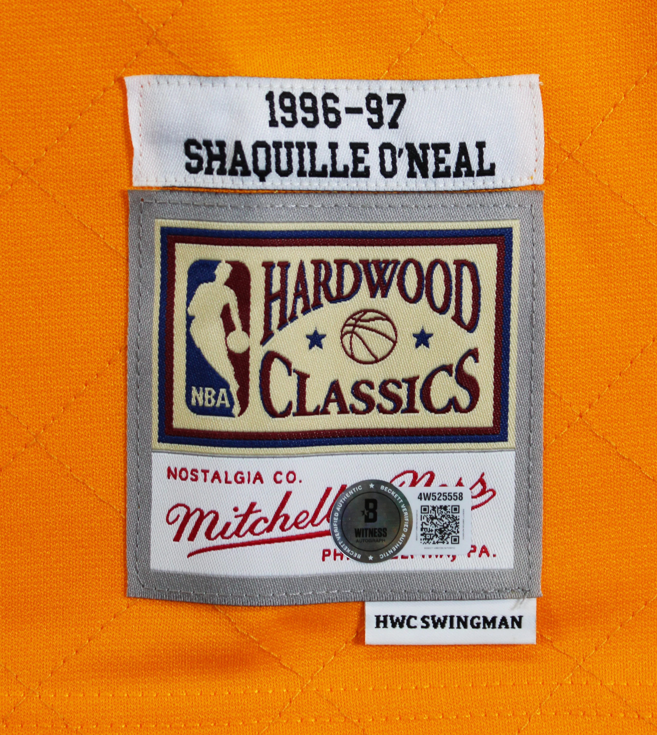 Lakers Shaquille O'Neal Signed Yellow 75th Anniv. M&N TB HWC Swingman Jersey BAS - Image 7