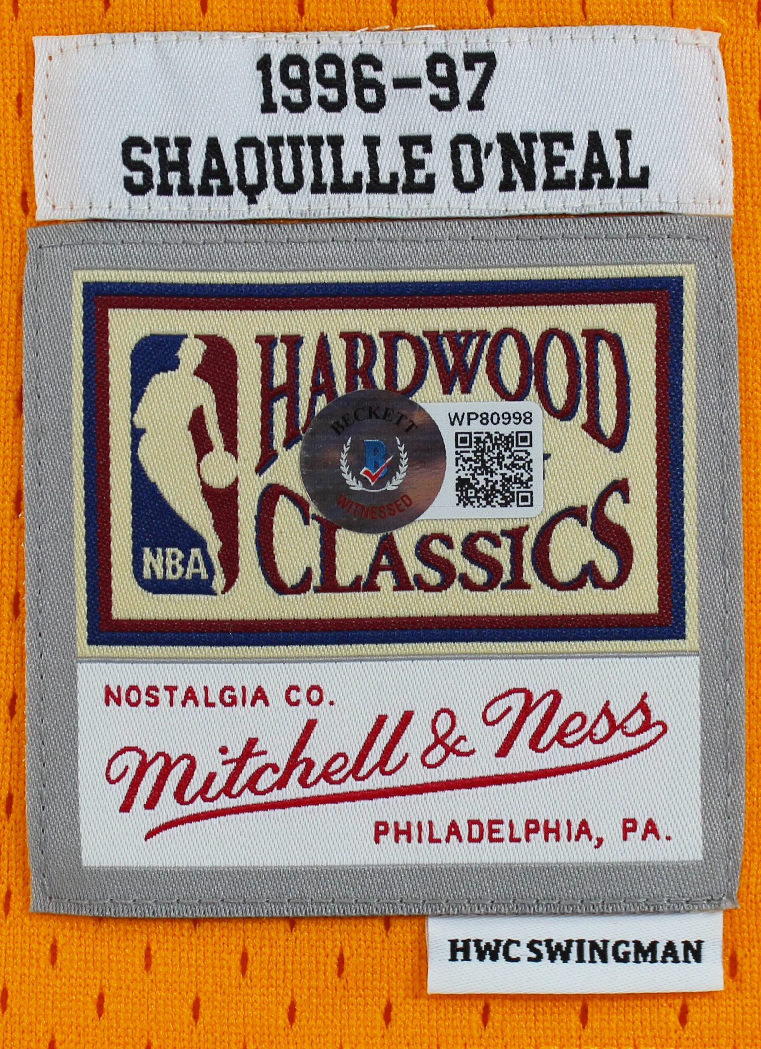 Lakers Shaquille O'Neal Signed Yellow M&N 1996-97 TB HWC Swingman Jersey BAS Wit - Image 5