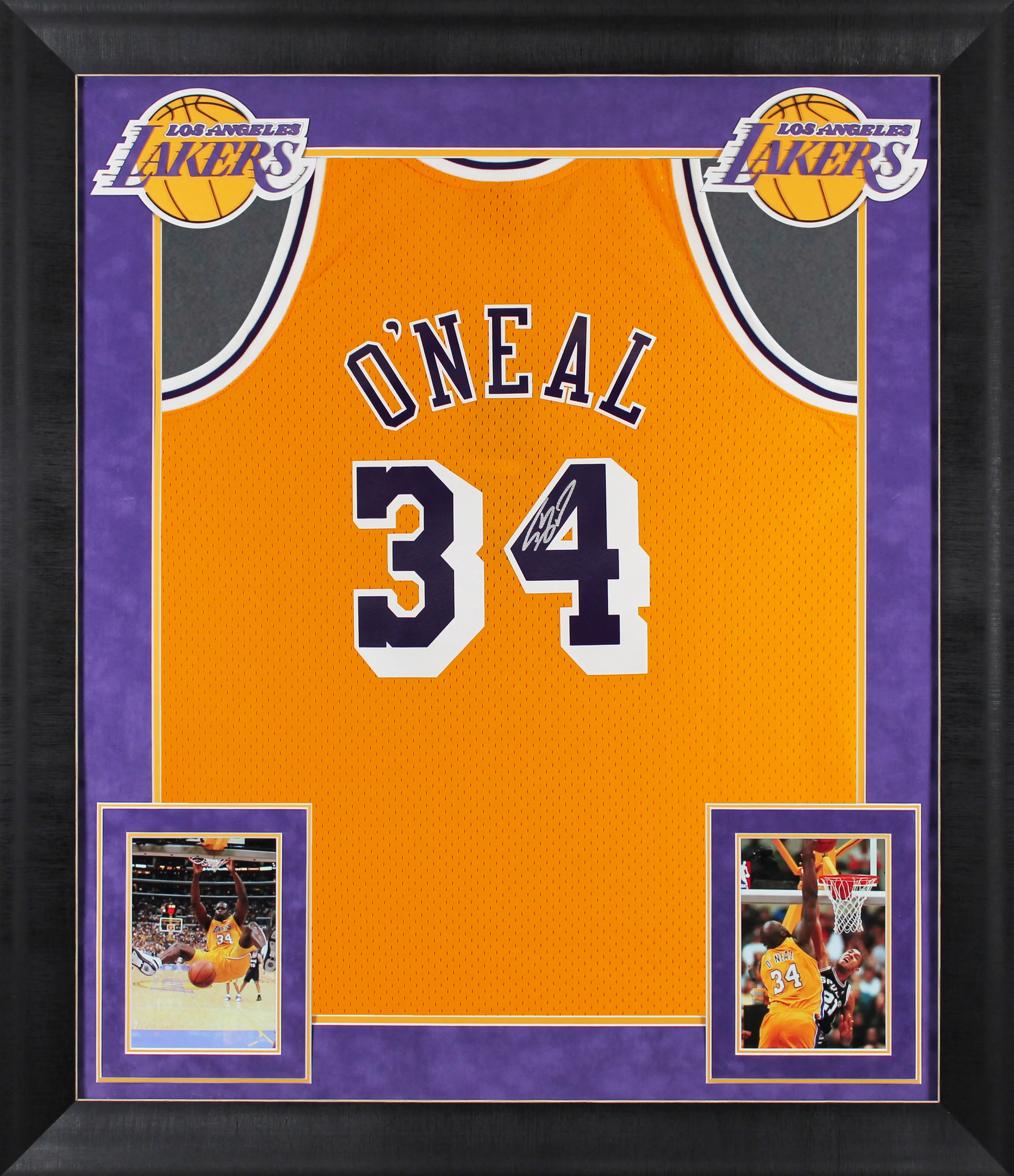 Lakers Shaquille O'Neal Signed Yellow M&N 96-97 HWC Swingman Framed Jersey BAS W - Image 2