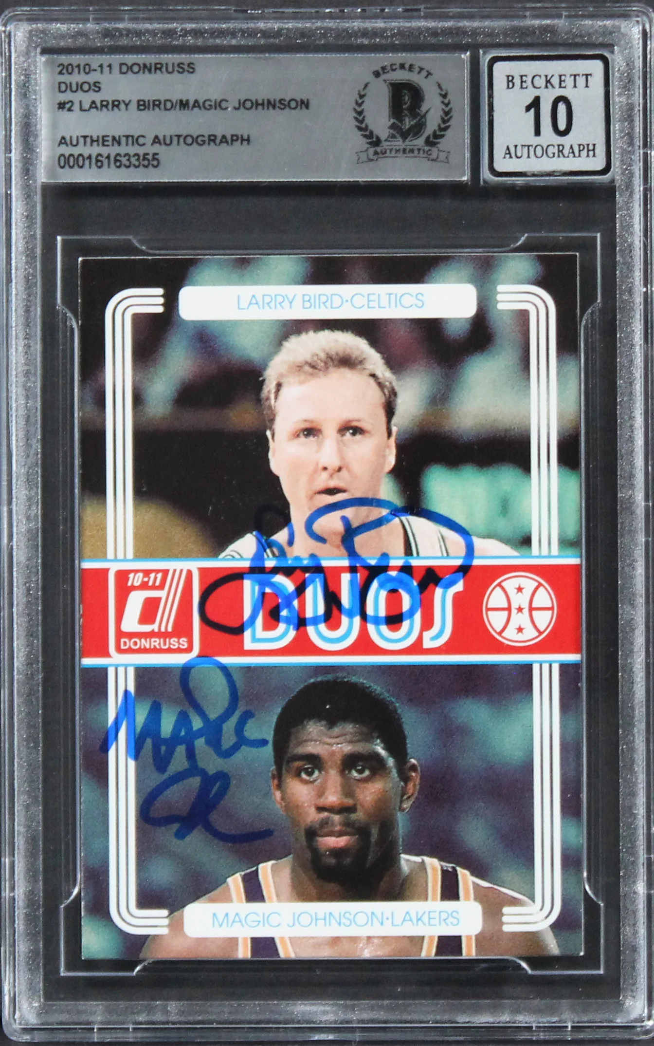 Larry Bird & Magic Johnson Signed 2010 Donruss Duos #2 Card Auto 10! BAS Slabbed - Image 2