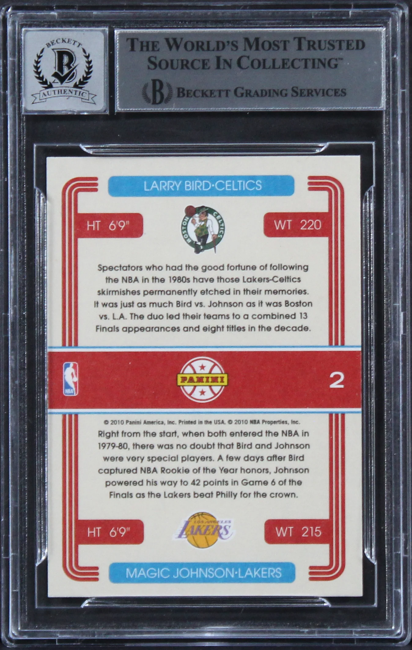 Larry Bird & Magic Johnson Signed 2010 Donruss Duos #2 Card Auto 10! BAS Slabbed - Image 3