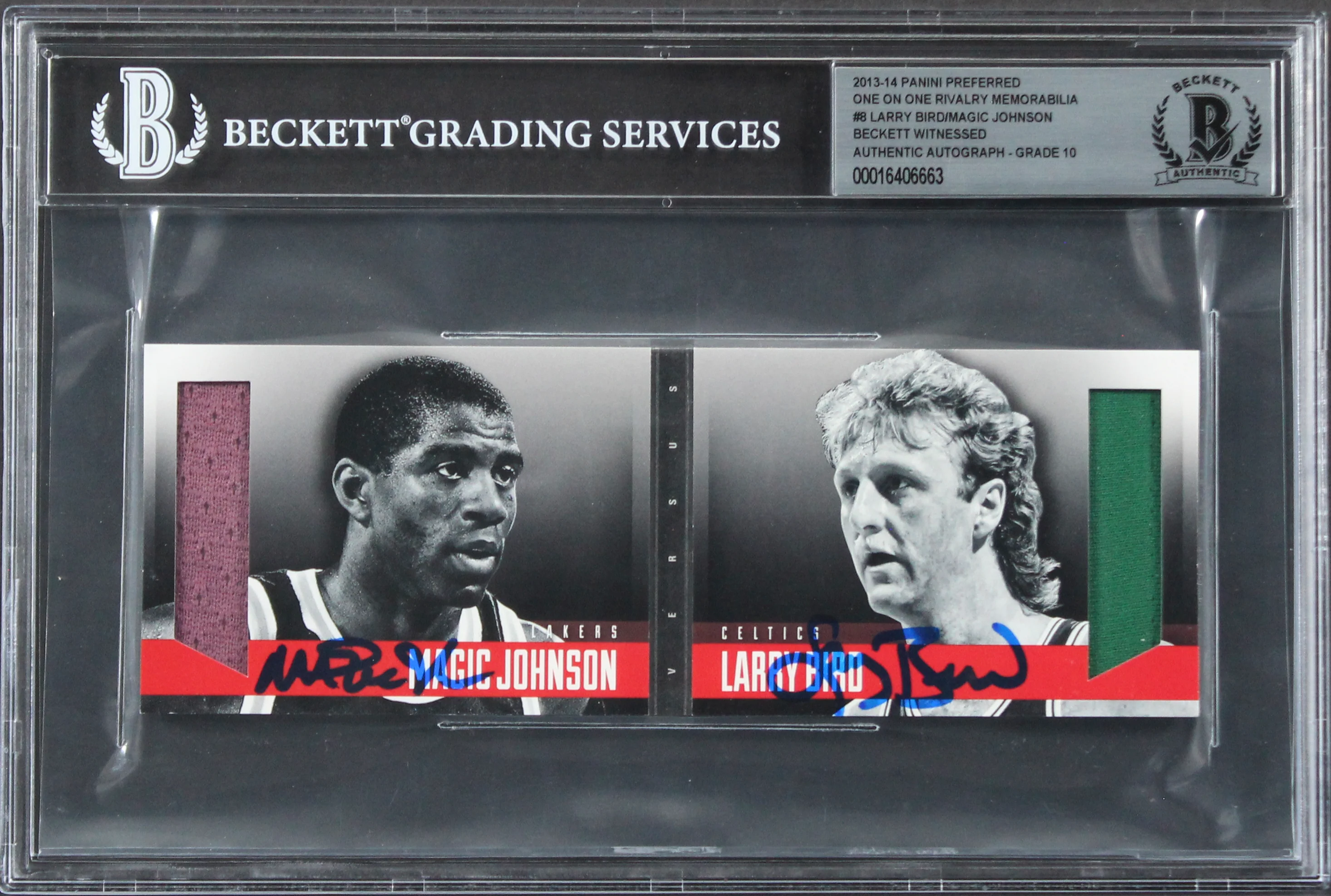Larry Bird & Magic Johnson Signed 2013 Panini Preferred #8 Card Auto 10 BAS Slab - Image 2