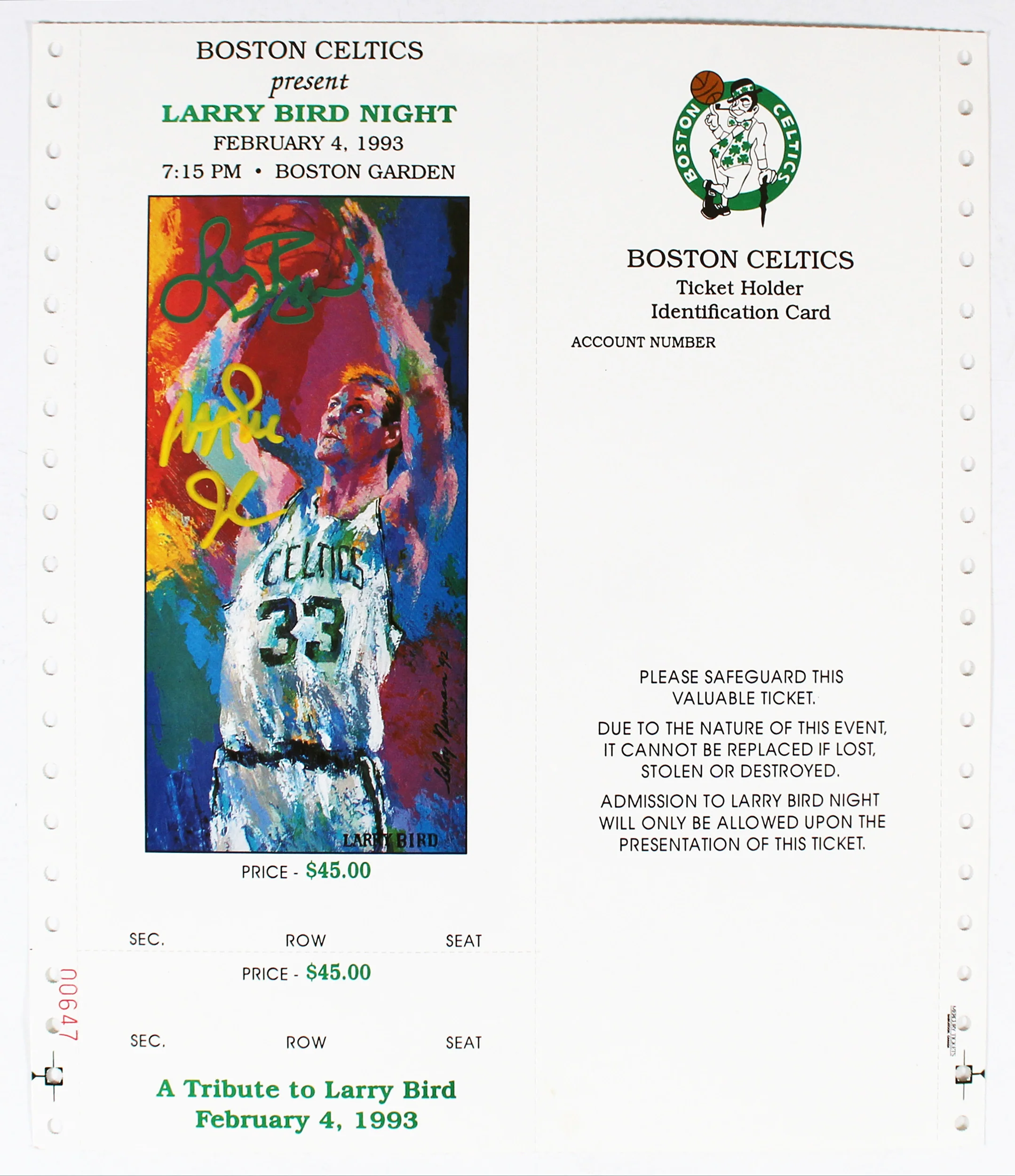 Larry Bird & Magic Johnson Signed Larry Bird Night Uncut Ticket BAS #AD04595 - Image 2