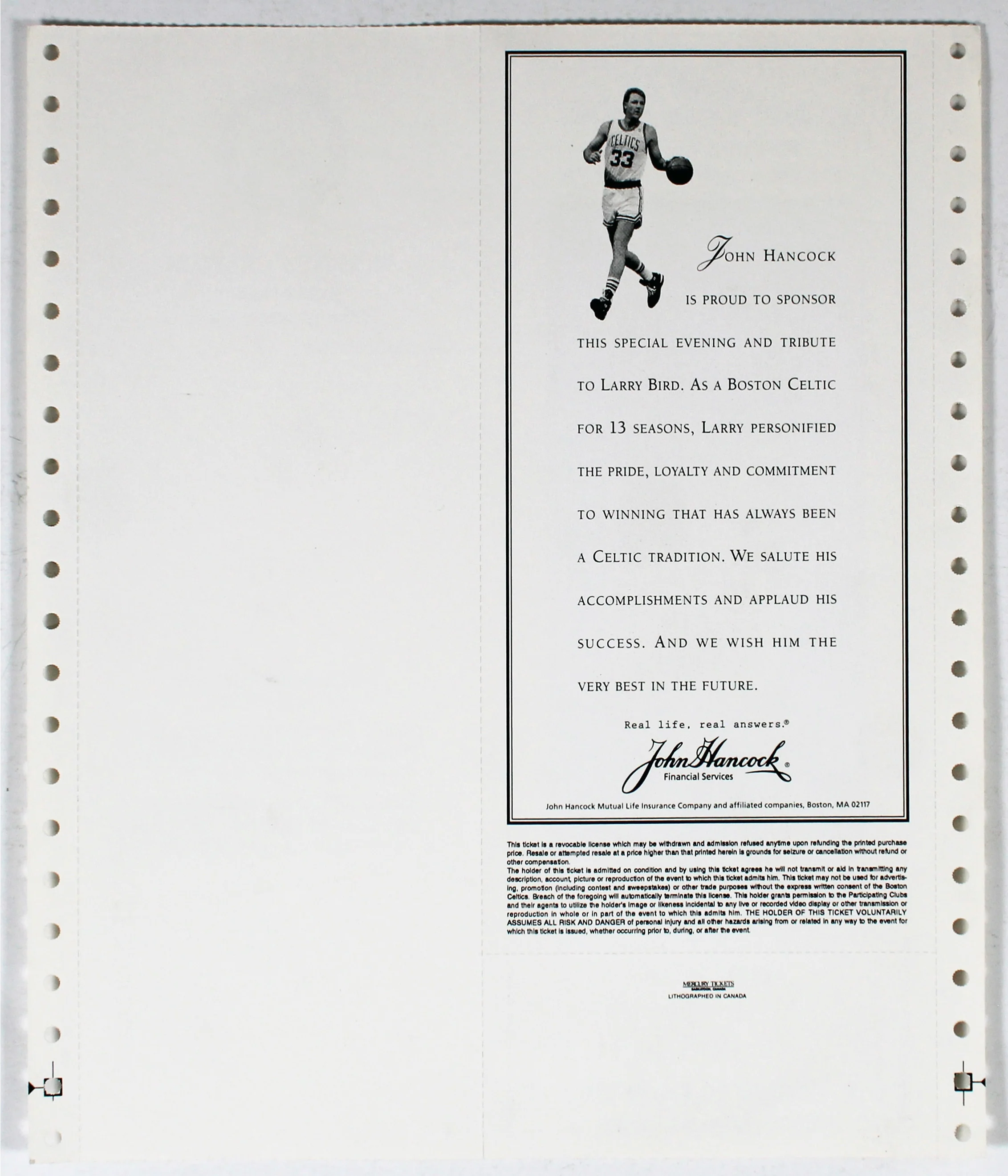 Larry Bird & Magic Johnson Signed Larry Bird Night Uncut Ticket BAS #AD04595 - Image 4