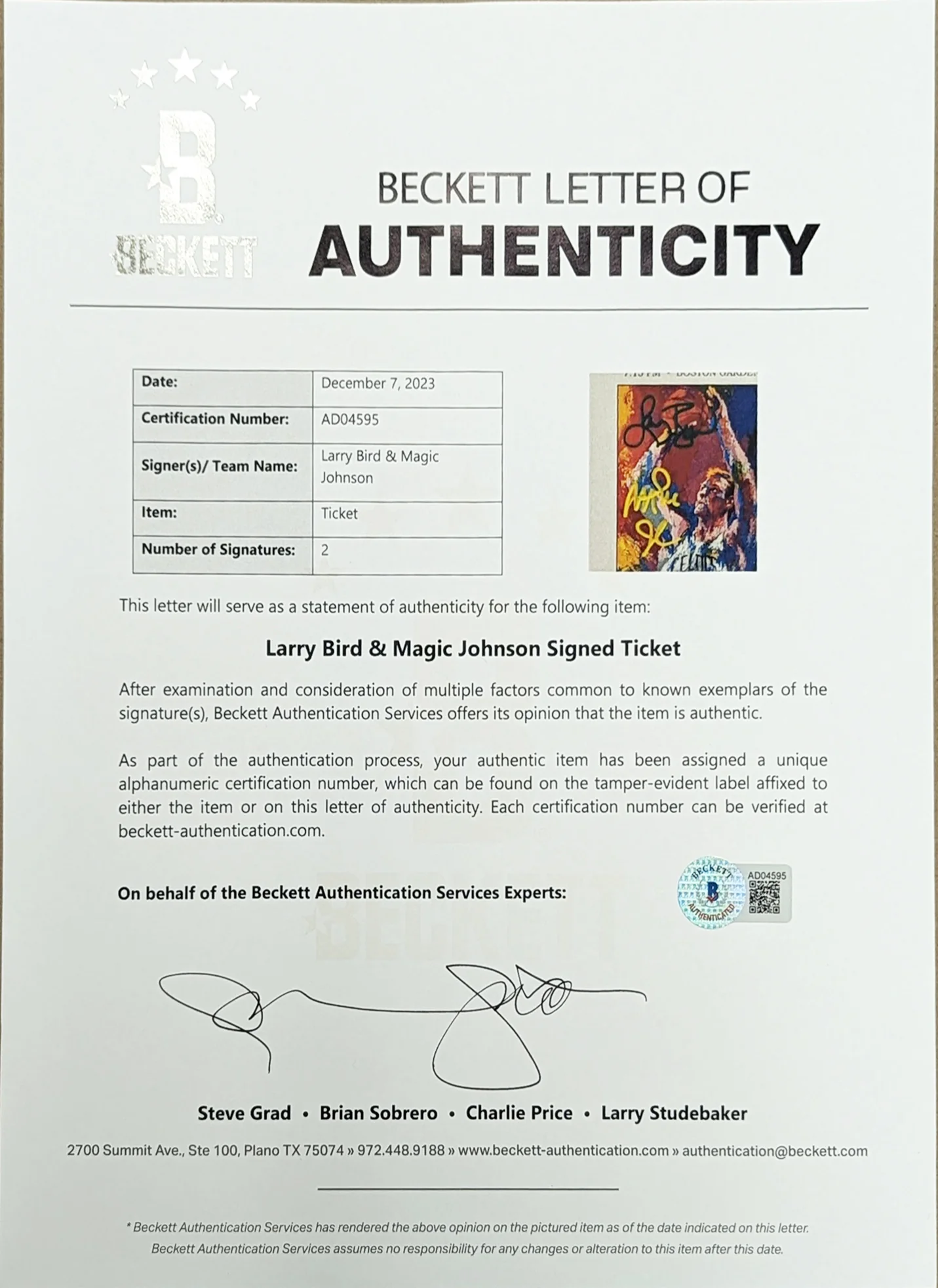 Larry Bird & Magic Johnson Signed Larry Bird Night Uncut Ticket BAS #AD04595 - Image 5