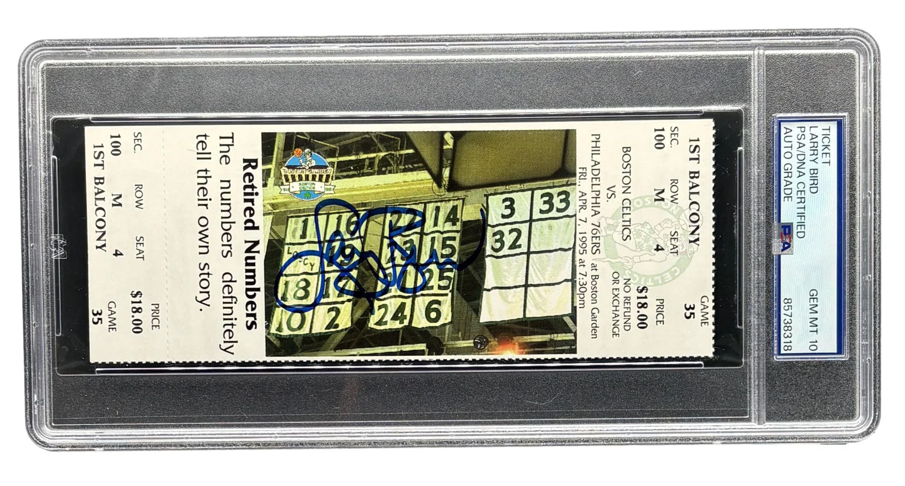 Larry Bird Signed Celtics vs 76ers Apr 7 1995 Full Ticket PSA/DNA Auto Gem MT 10