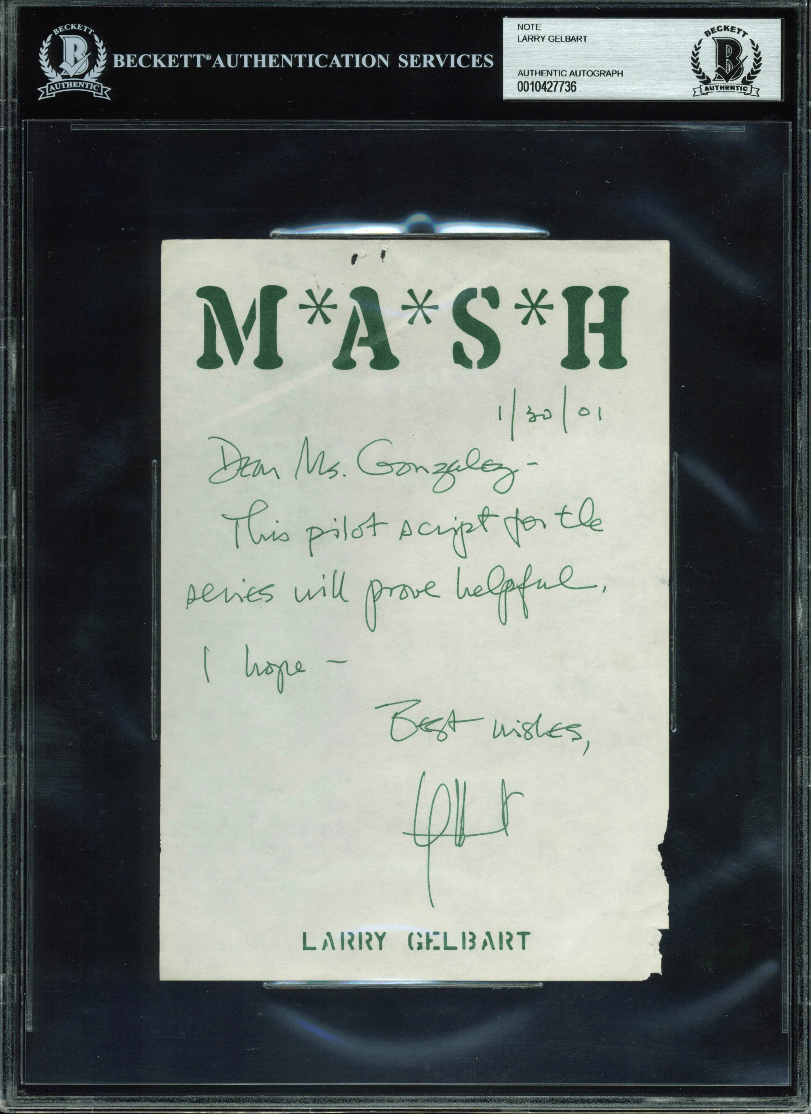 Larry Gelbart Authentic Signed Handwritten 5.5x8 Letter Dated 1/30/01 BAS Slab - Image 2