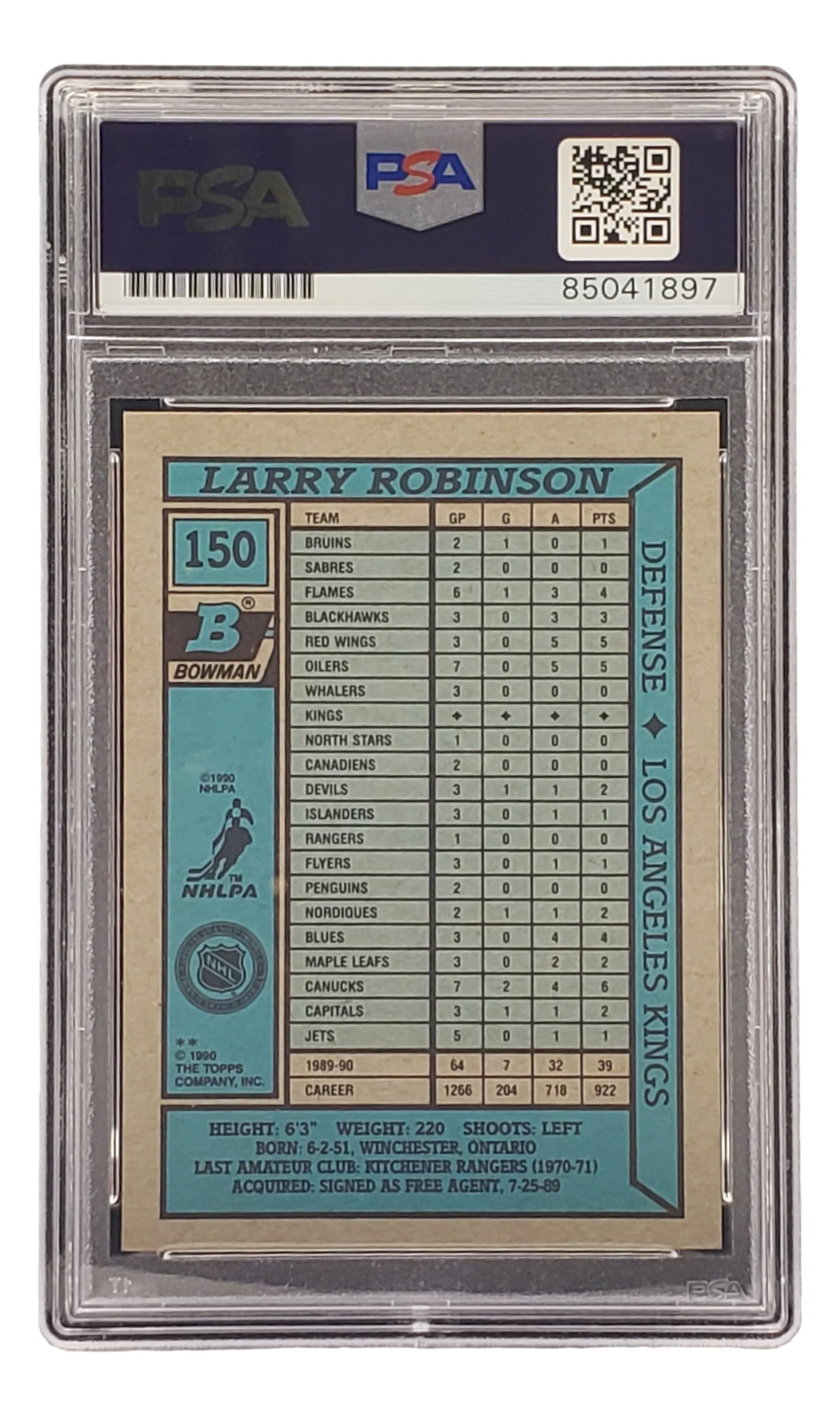 Larry Robinson Signed 1990 Bowman #150 Los Angeles Kings Hockey Card PSA/DNA - Image 2