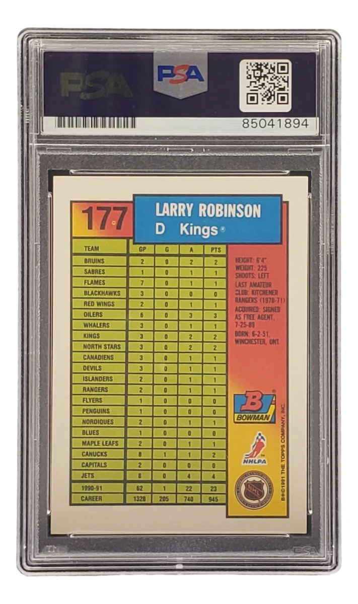 Larry Robinson Signed 1991 Bowman #177 Los Angeles Kings Hockey Card PSA/DNA - Image 2