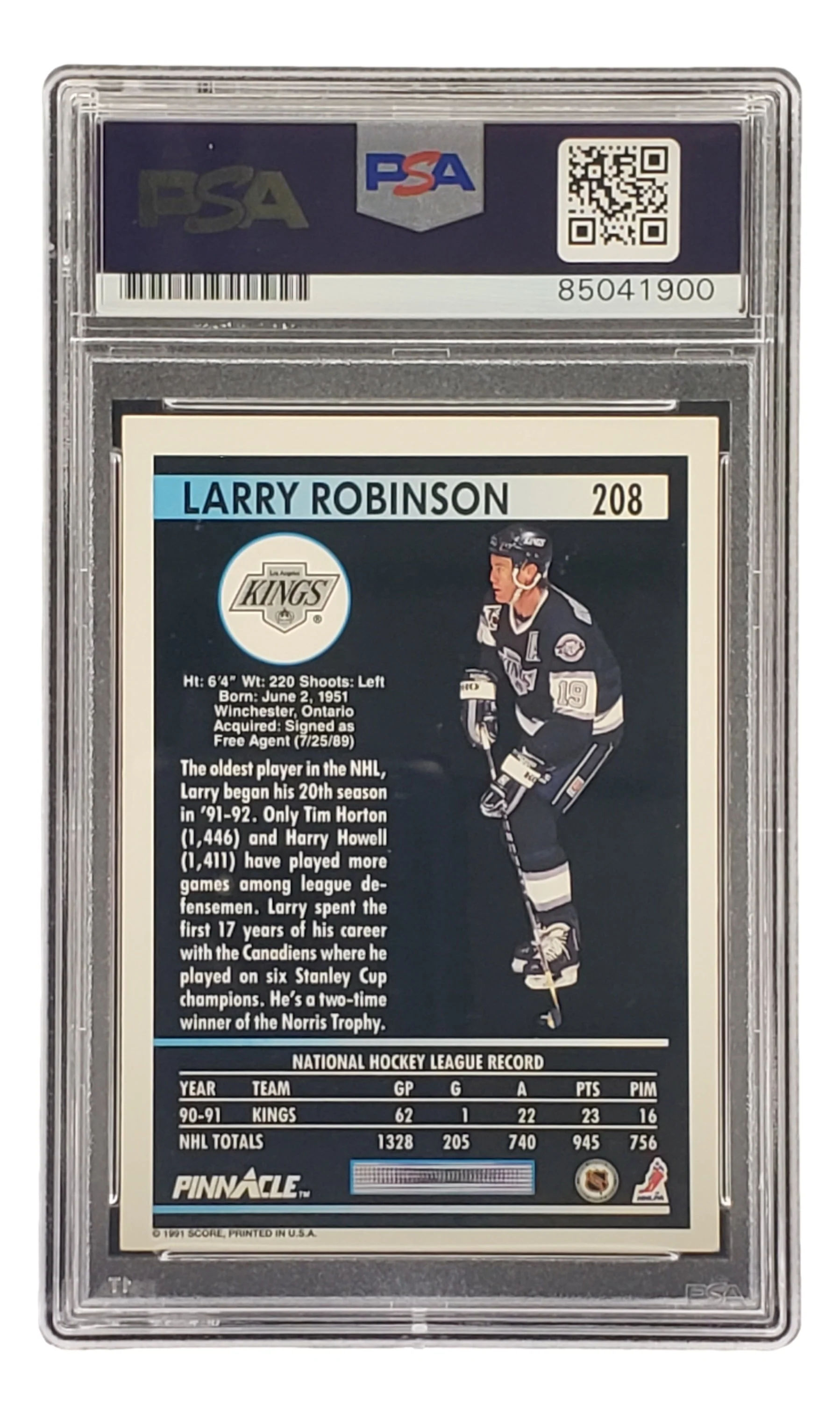Larry Robinson Signed 1991 Pinnacle #208 Los Angeles Kings Hockey Card PSA/DNA - Image 2