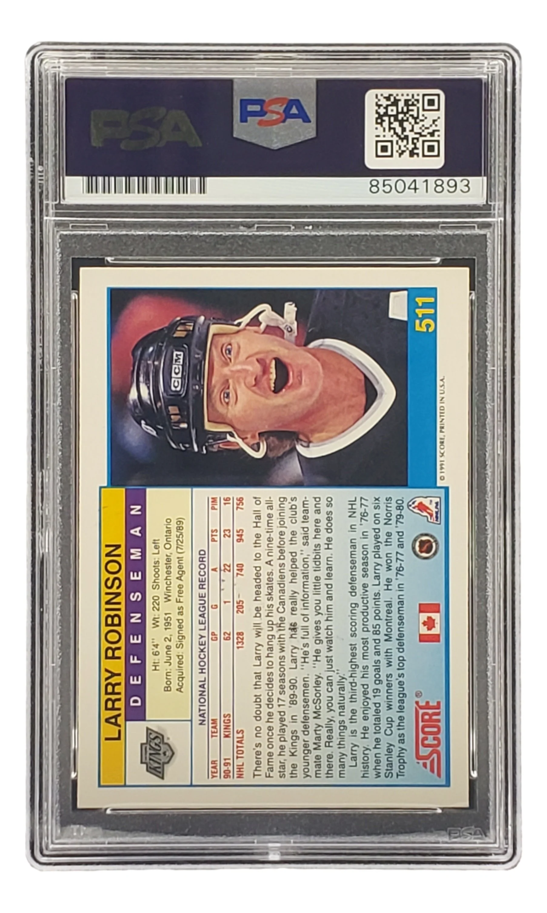 Larry Robinson Signed 1991 Score #511 LA Kings Hockey Card PSA/DNA 85041893 - Image 2