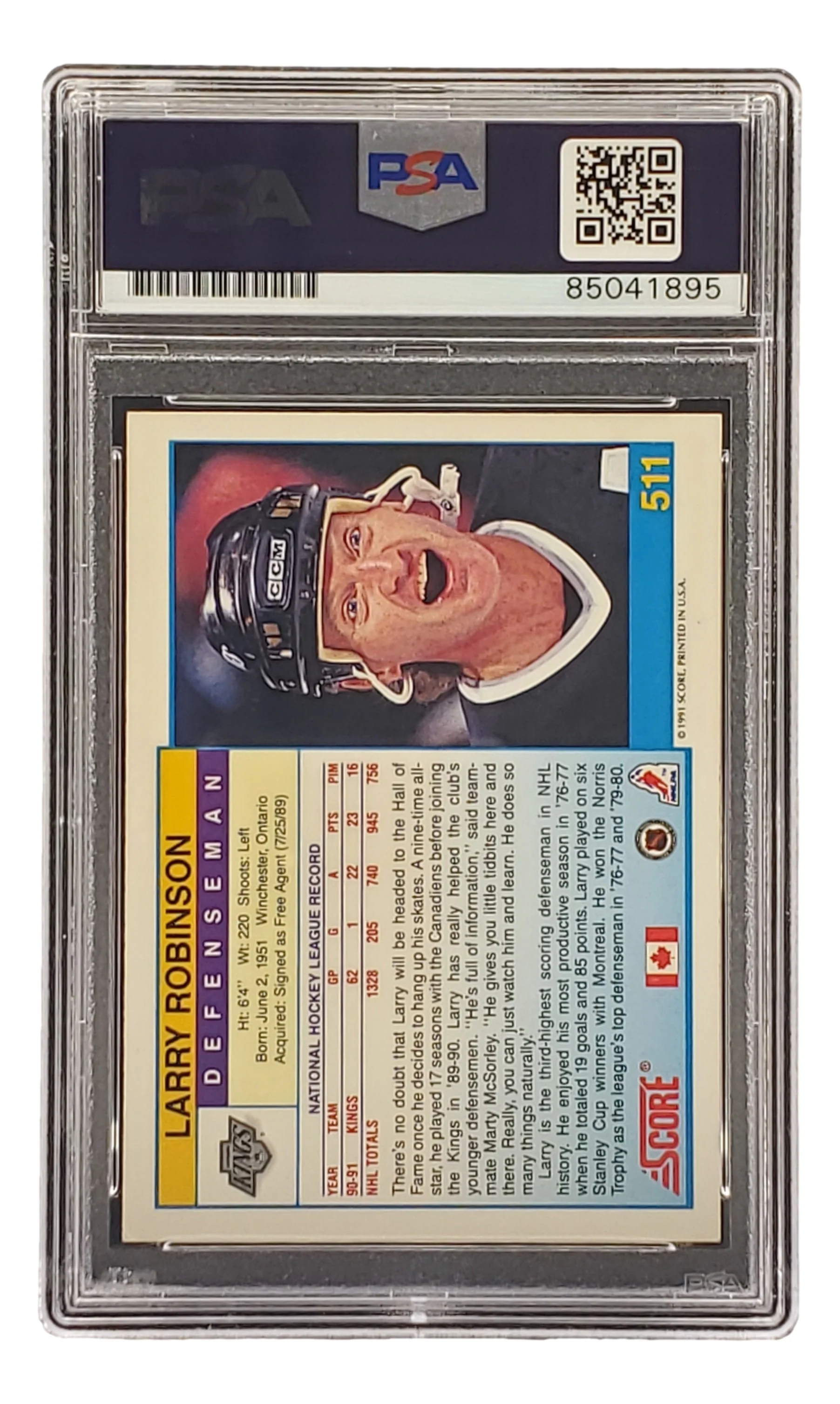Larry Robinson Signed 1991 Score #511 LA Kings Hockey Card PSA/DNA 85041895 - Image 2