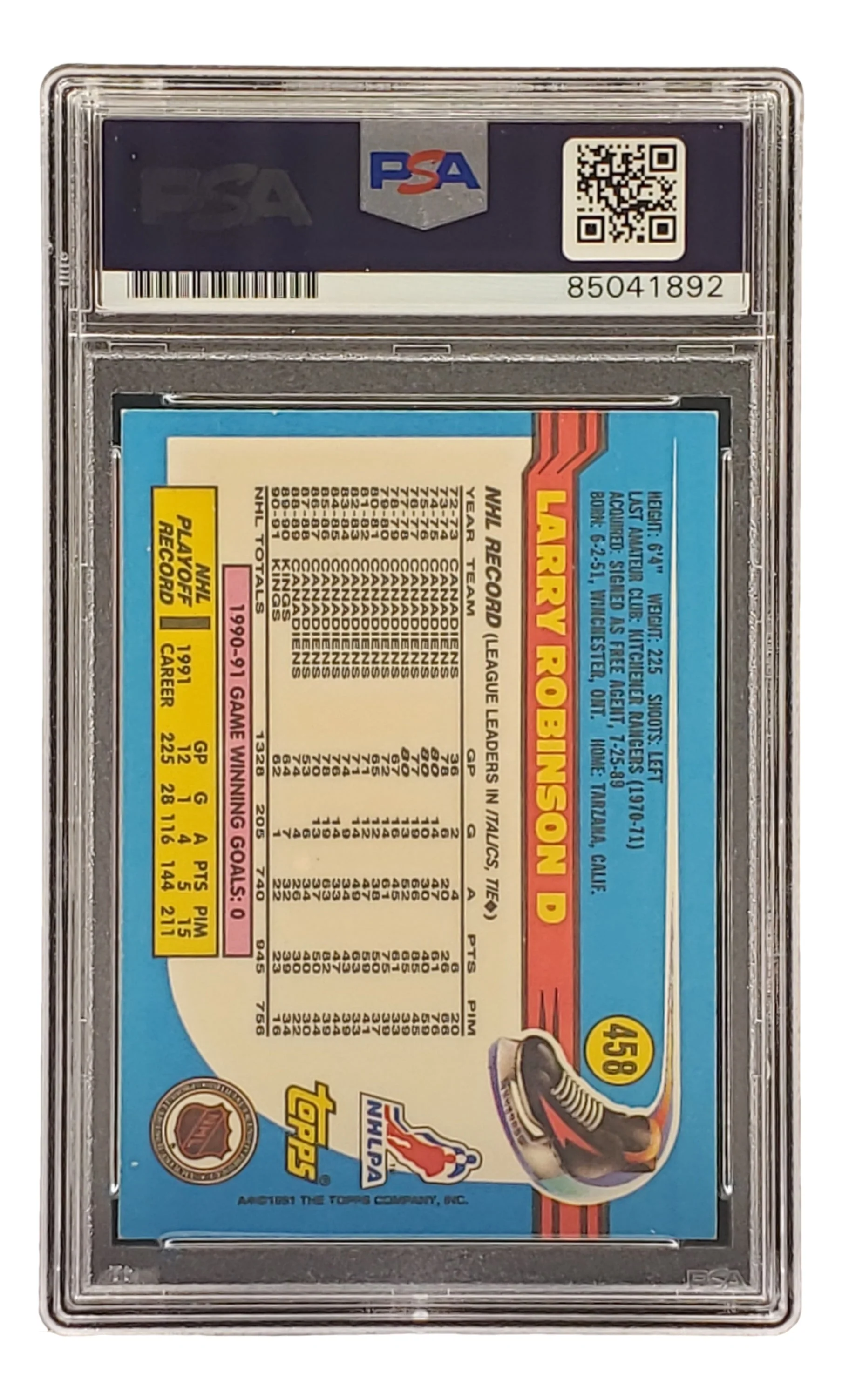 Larry Robinson Signed 1991 Topps #458 Los Angeles Kings Hockey Card PSA/DNA - Image 2