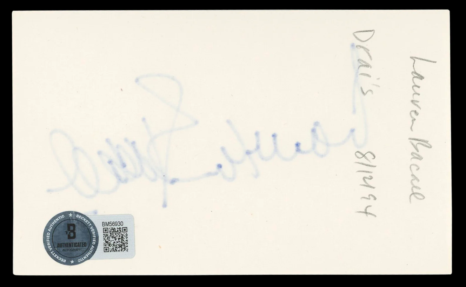 Lauren Bacall The Big Sleep Authentic Signed 3x5 Index Card BAS #BM56930 - Image 3