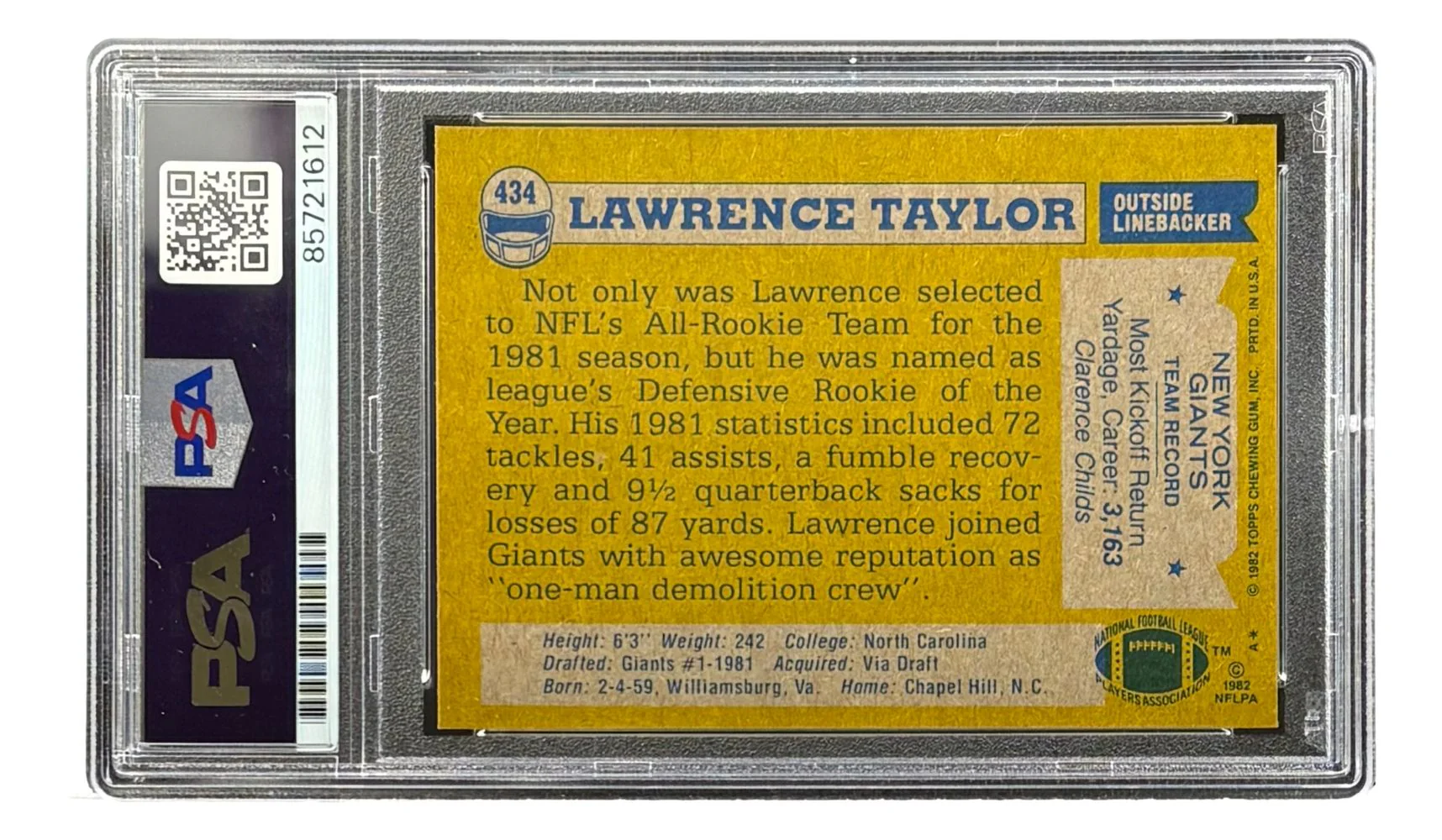 Lawrence Taylor Signed 1982 Topps #434 Giants Rookie Card PSA/DNA - Image 2
