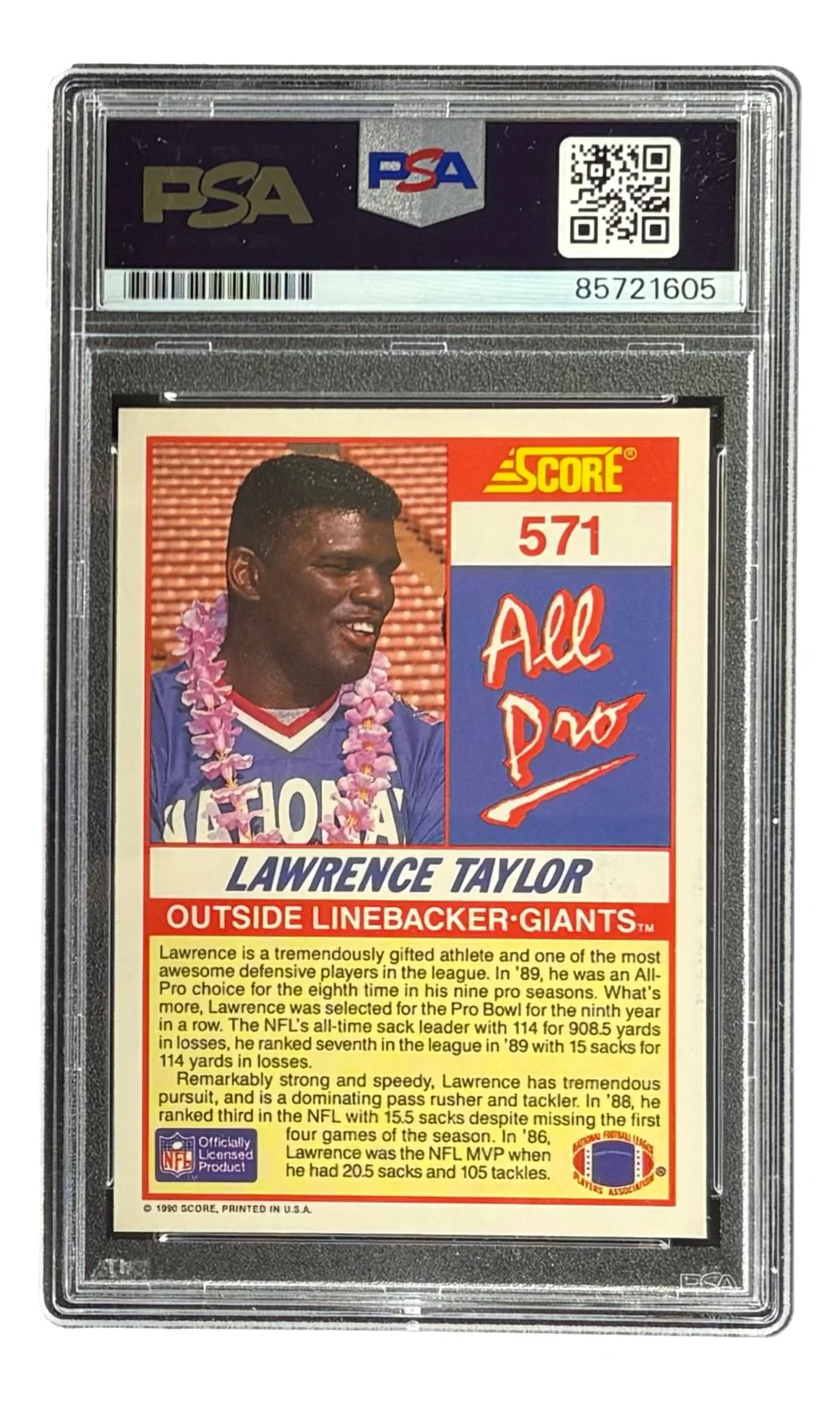 Lawrence Taylor Signed 1990 Score #571 Giants Trading Card PSA/DNA - Image 2