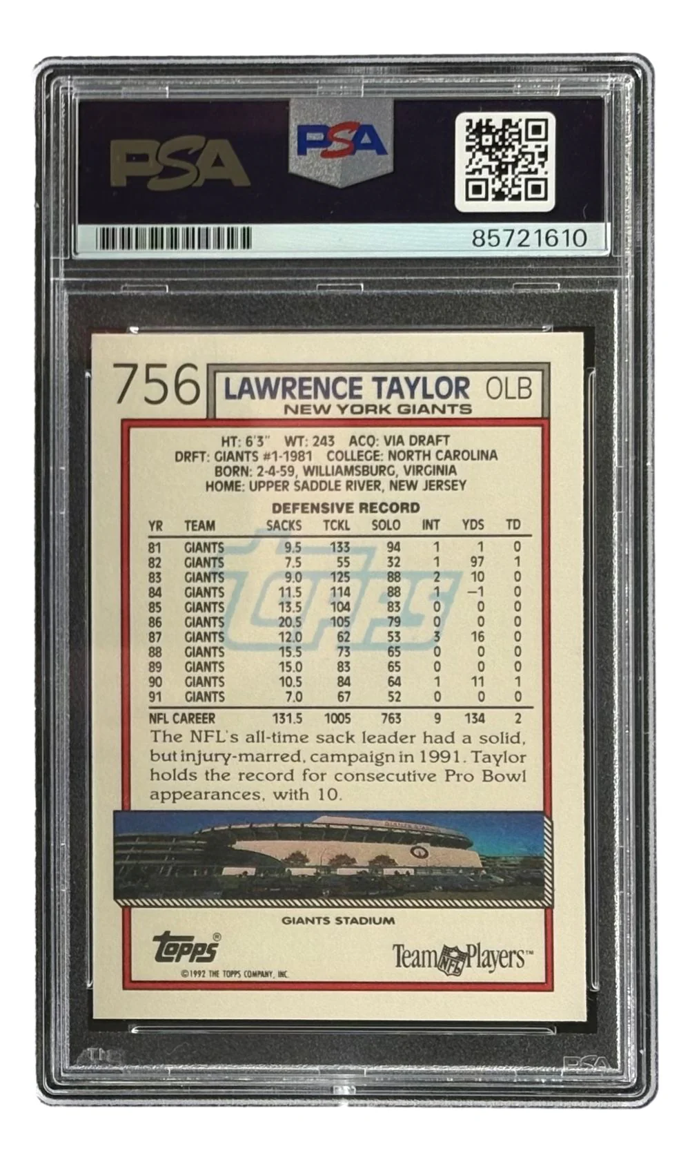 Lawrence Taylor Signed 1992 Topps #756 Giants Trading Card PSA/DNA - Image 2