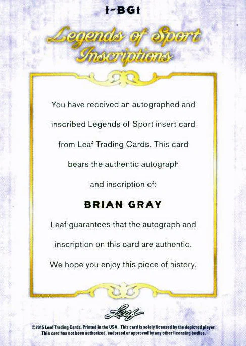 Leaf Brian Gray "One sexy mofo" Signed 2015 Legends of Sport Inscription Card - Image 2