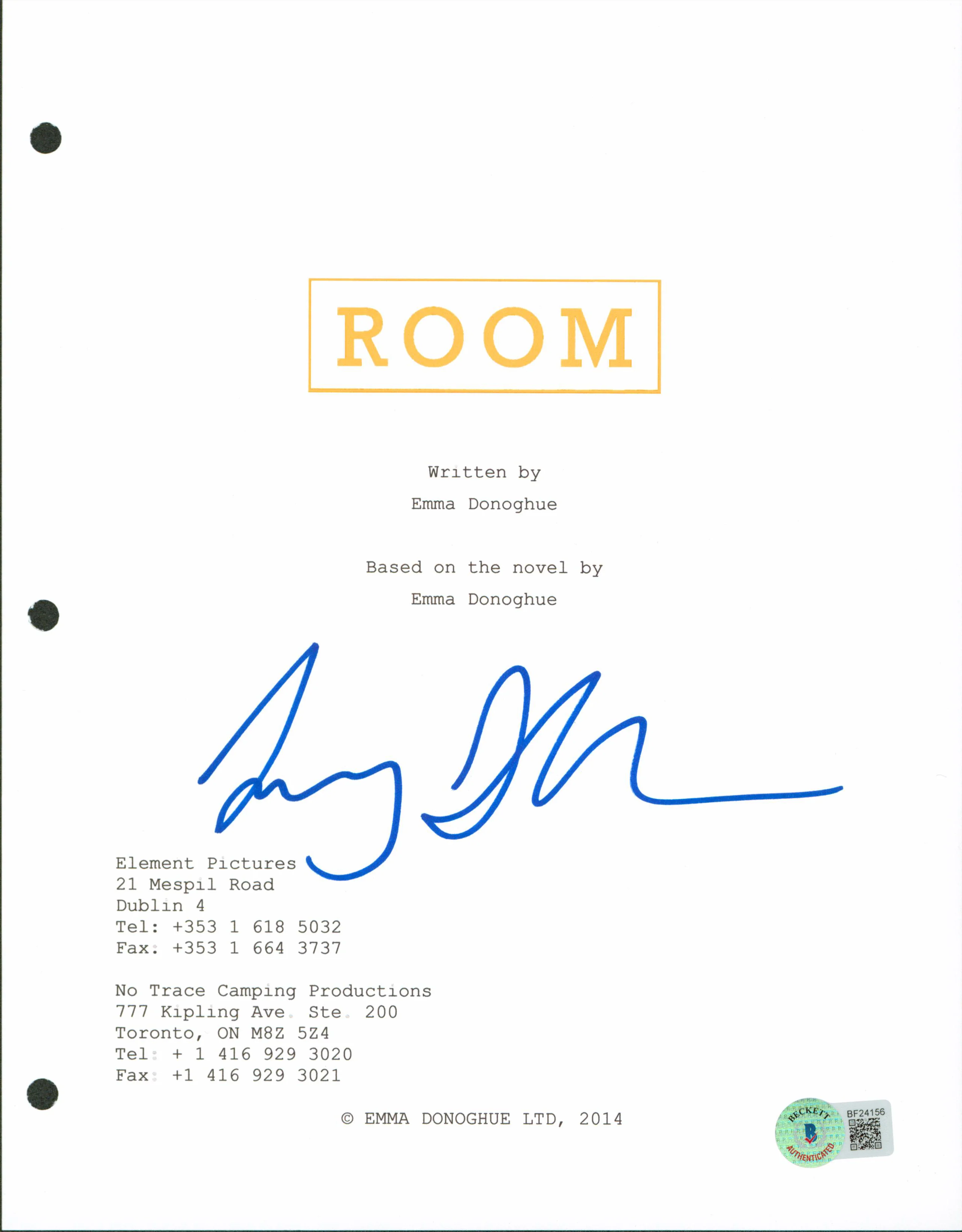 Lenny Abrahamson Room Authentic Signed 8.5x11 Room Script Cover BAS #BF24156 - Image 2