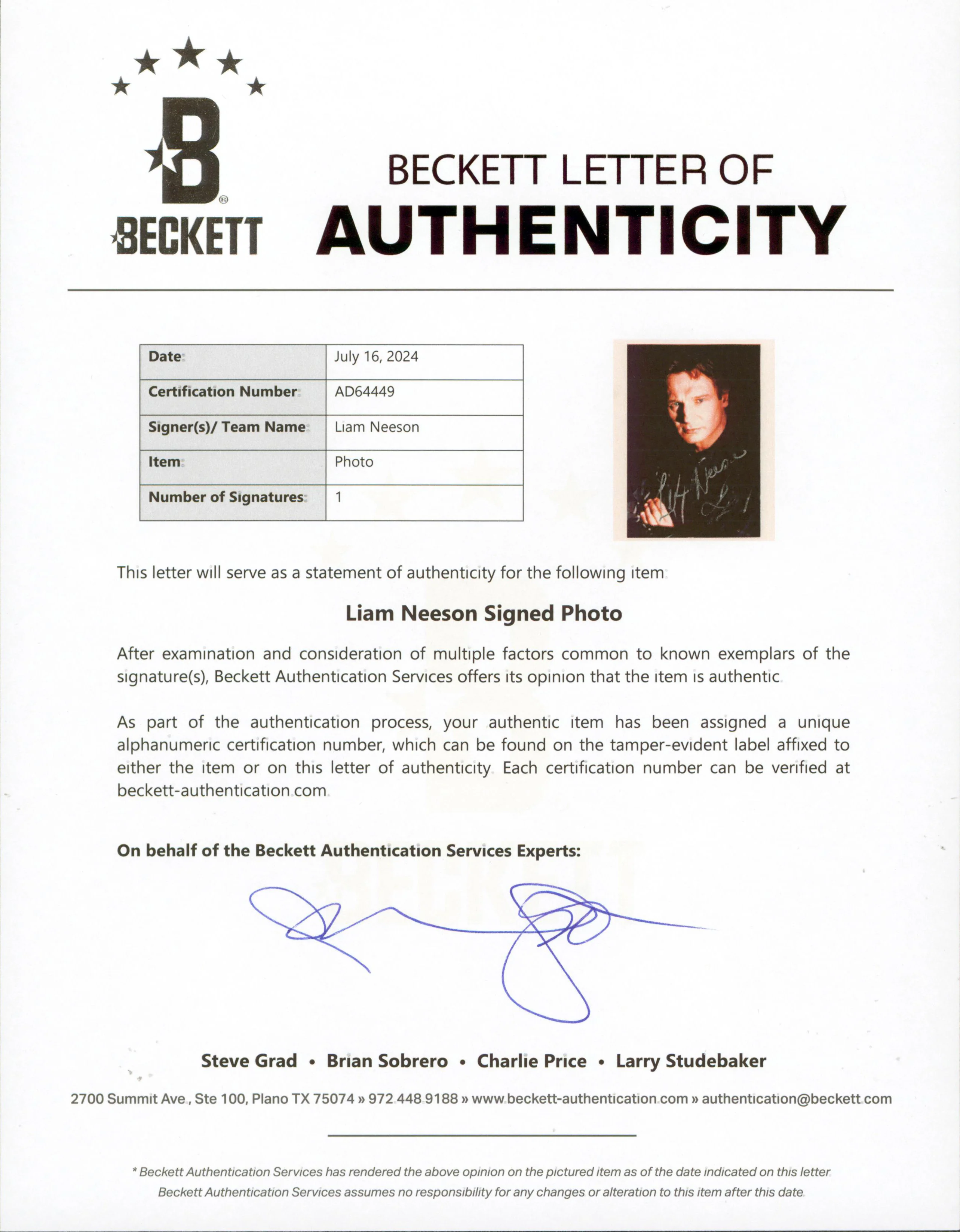 Liam Neeson Schindler's List Authentic Signed 6.5x9.5 Photo BAS #AD64449 - Image 4