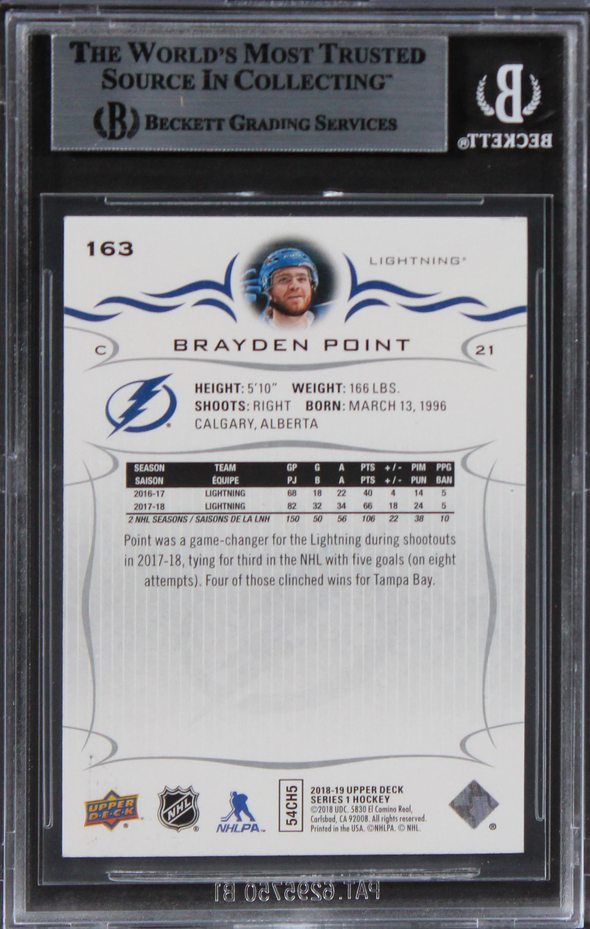Lightning Brayden Point Authentic Signed 2018 Upper Deck #163 Card BAS Slabbed - Image 3