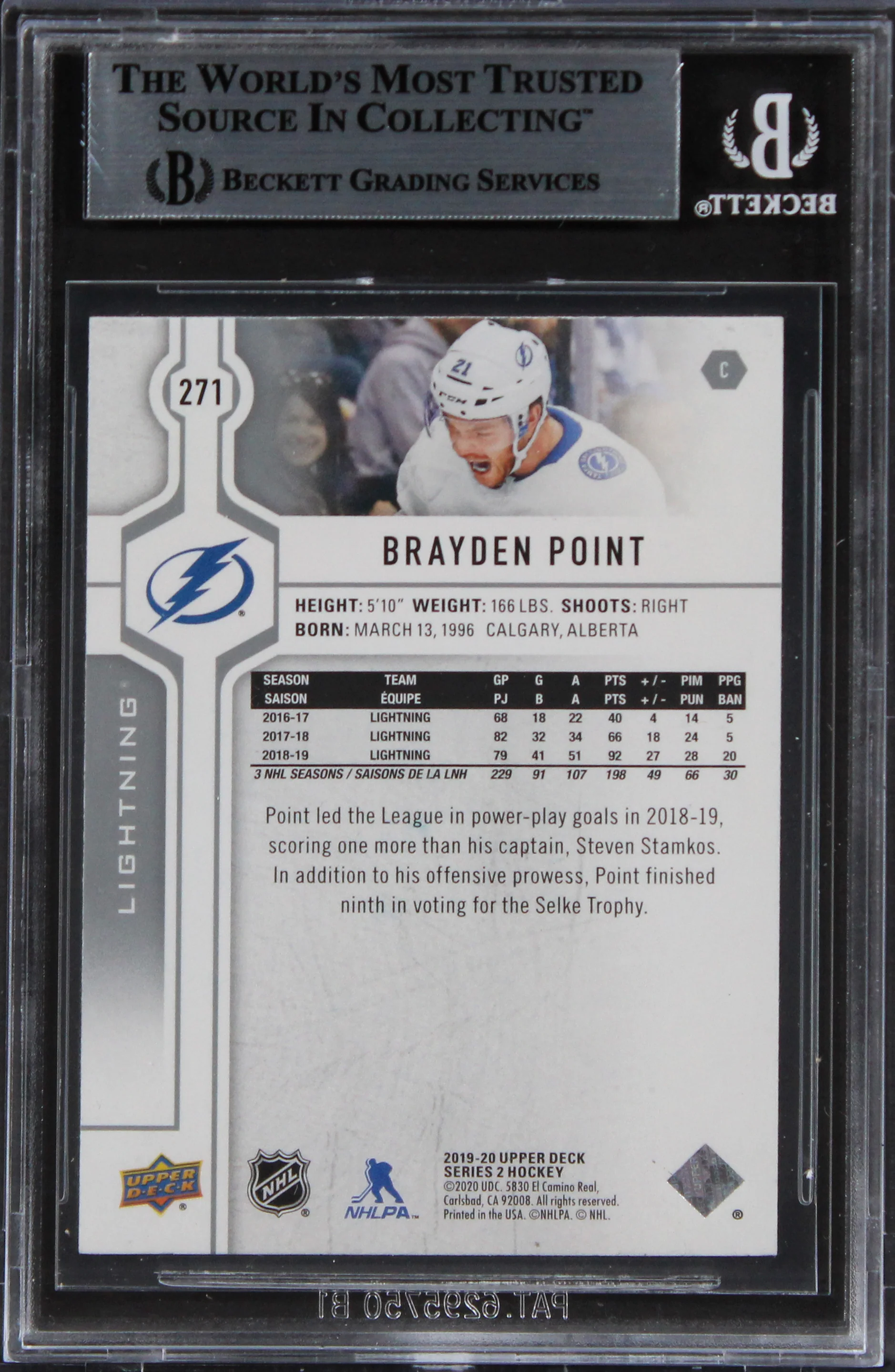 Lightning Brayden Point Authentic Signed 2019 Upper Deck #271 Card BAS Slabbed - Image 3