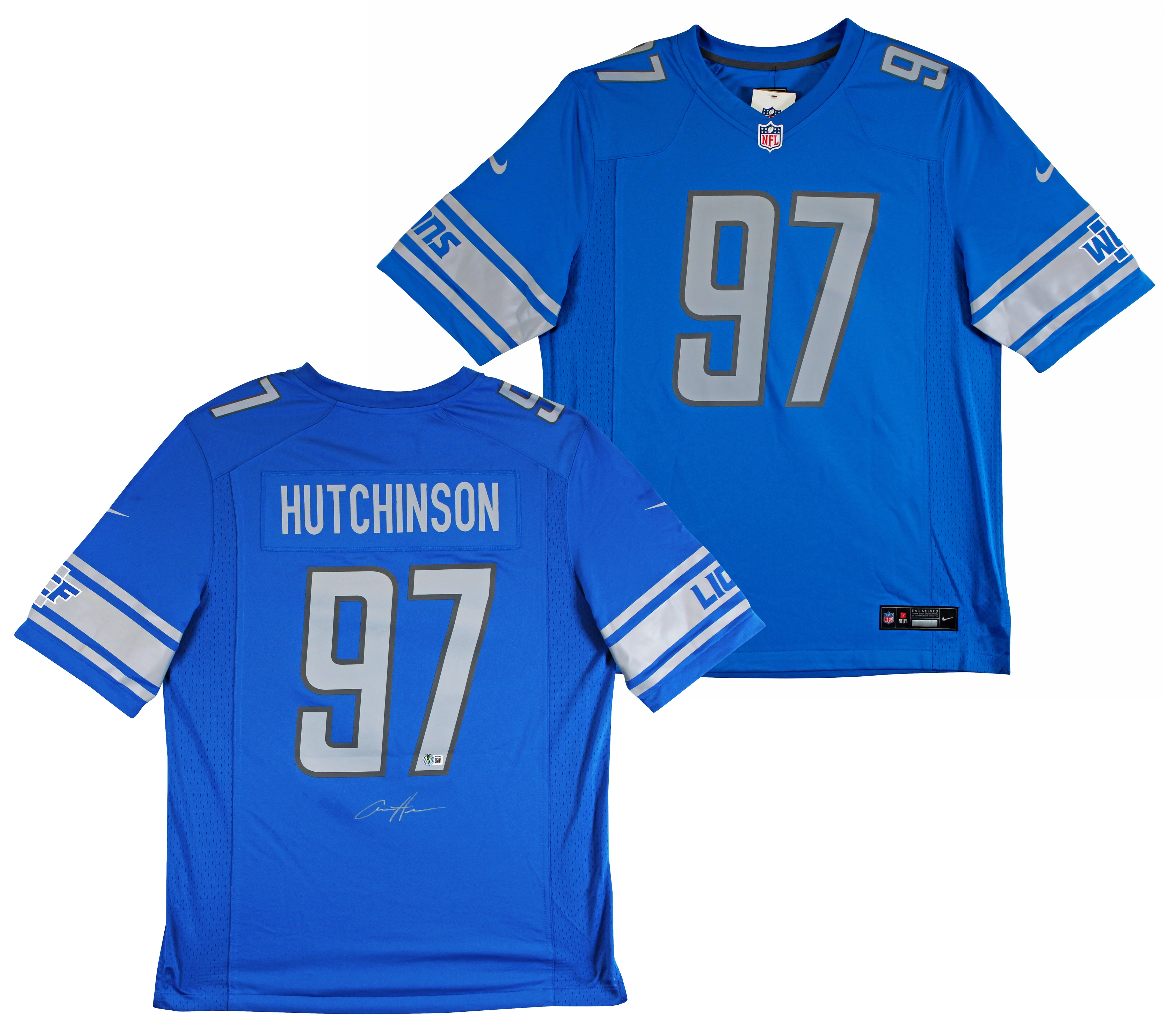 Lions Aidan Hutchinson Signed Blue Nike Game Jersey w/ Silver Sig BAS Witnessed - Image 2