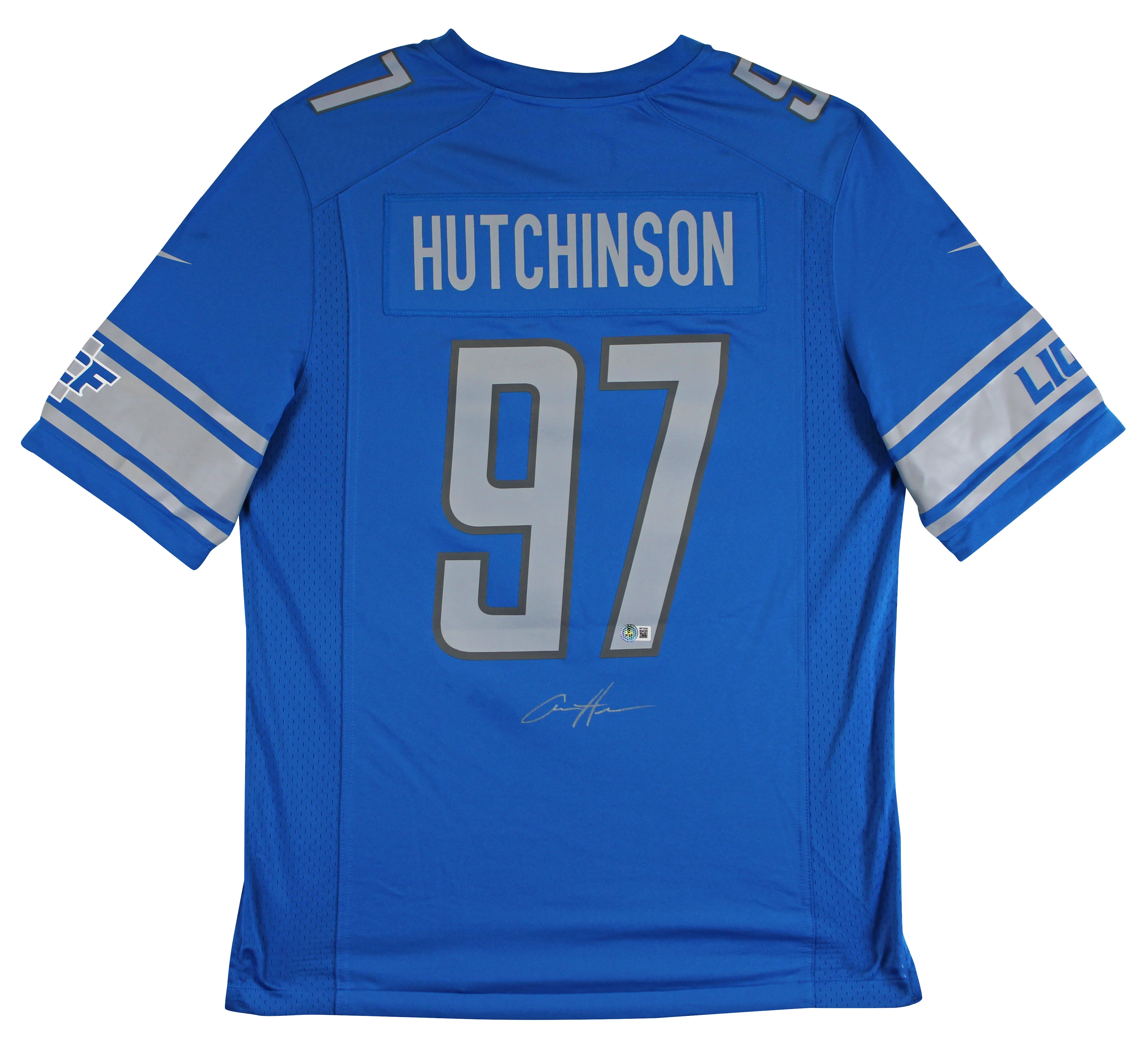 Lions Aidan Hutchinson Signed Blue Nike Game Jersey w/ Silver Sig BAS Witnessed - Image 3