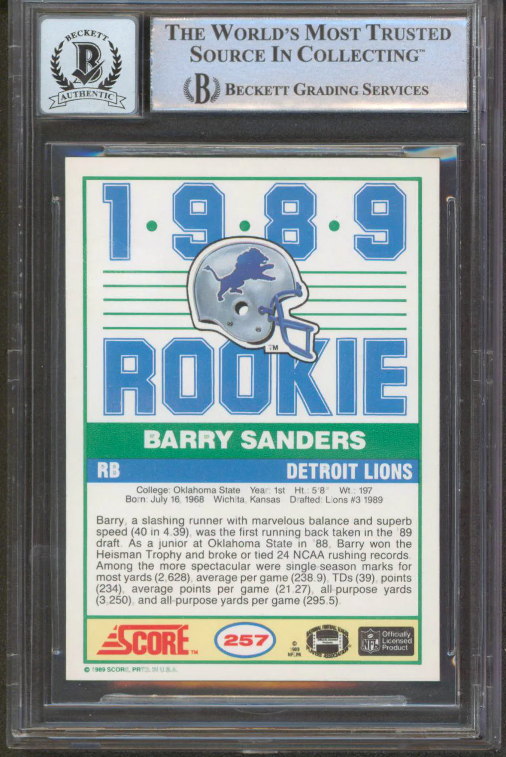 Lions Barry Sanders "HOF 04" Signed 1989 Score #257 Rookie Card Auto 10 BAS Slab - Image 3
