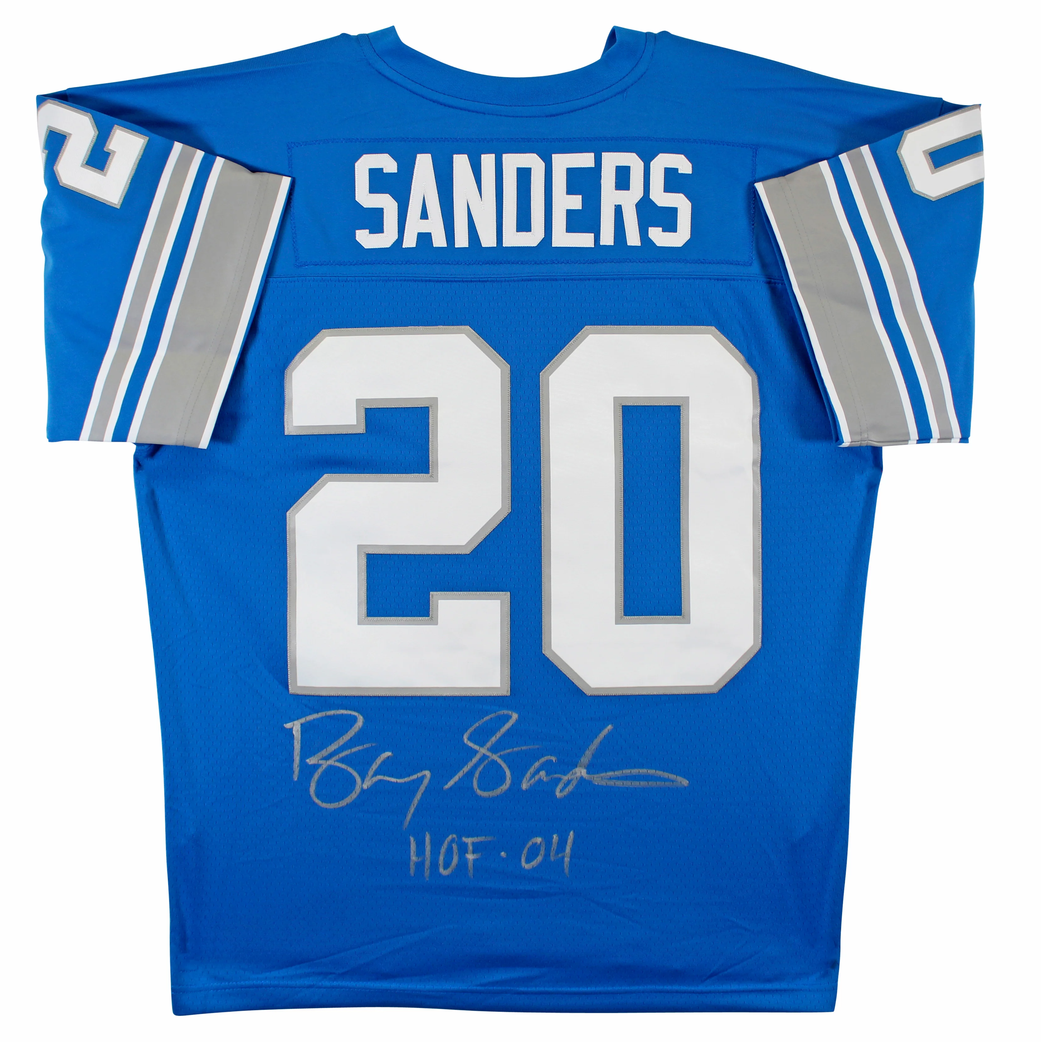 Lions Barry Sanders "HOF 04" Signed Blue Mitchell & Ness TB Jersey BAS Witnessed - Image 2