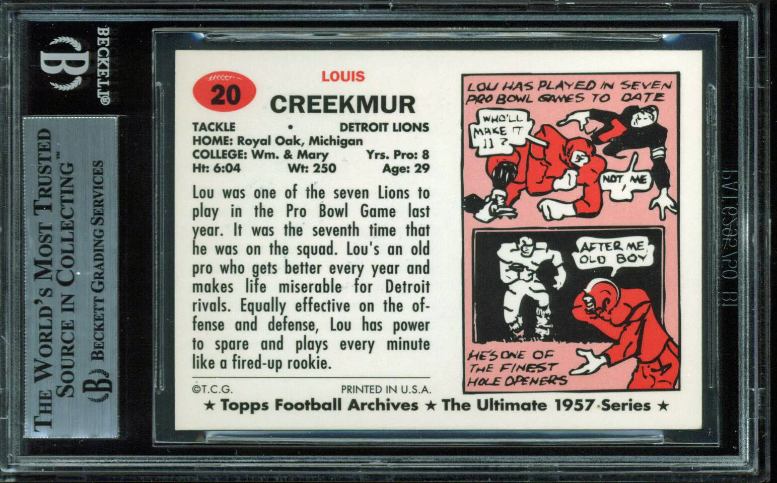Lions Lou Creekmur "HOF 96" Signed 1994 Topps Archives 1957 #20 Card BAS Slabbed - Image 3
