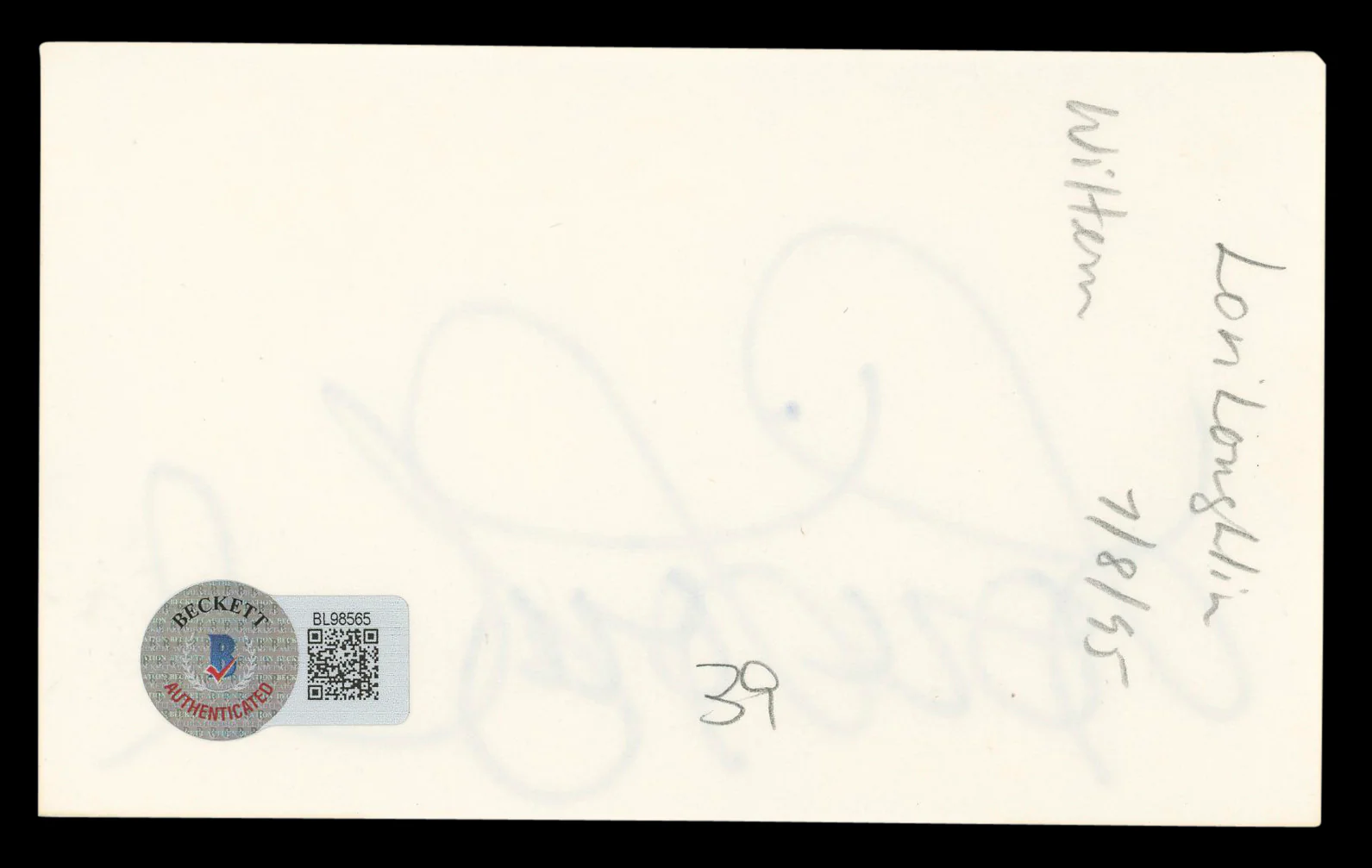 Lori Loughlin Full House Authentic Signed 3x5 Index Card BAS #BL98565 - Image 3