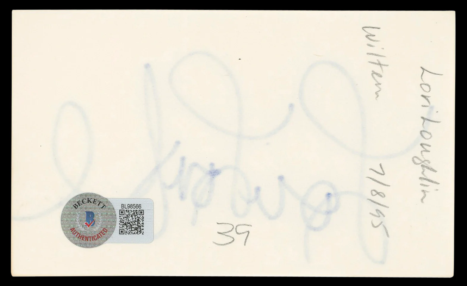 Lori Loughlin Full House Authentic Signed 3x5 Index Card BAS #BL98566 - Image 3