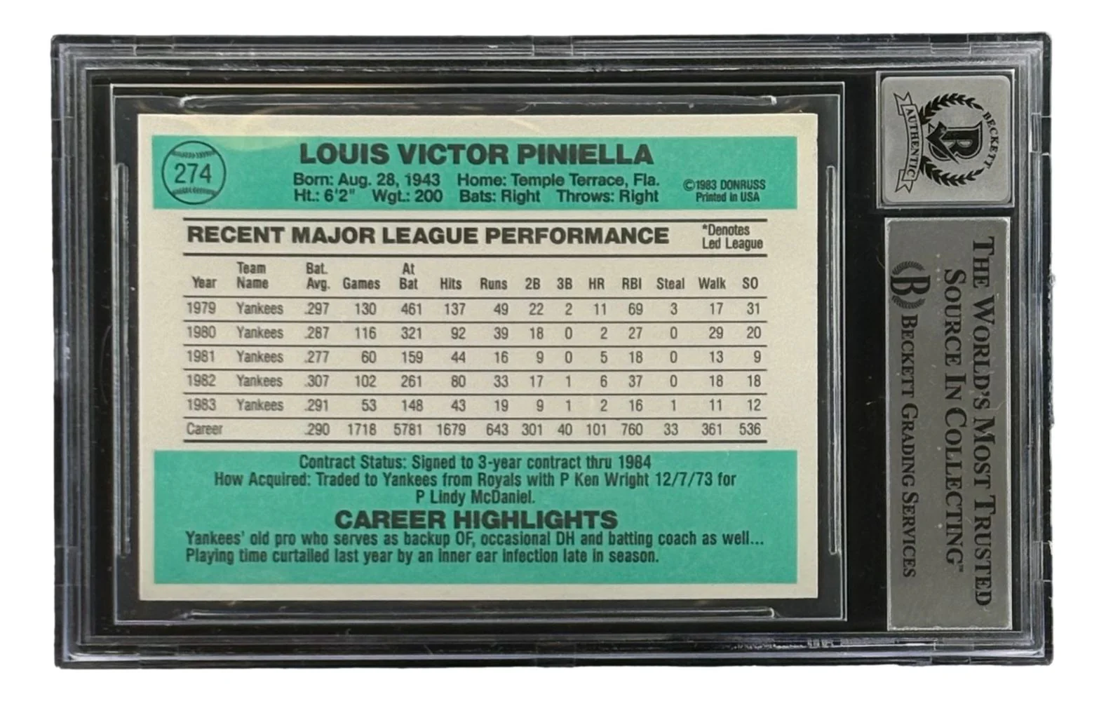 Lou Piniella Signed 1984 Donruss #274 New York Yankees Trading Card BAS Auto 10 - Image 2