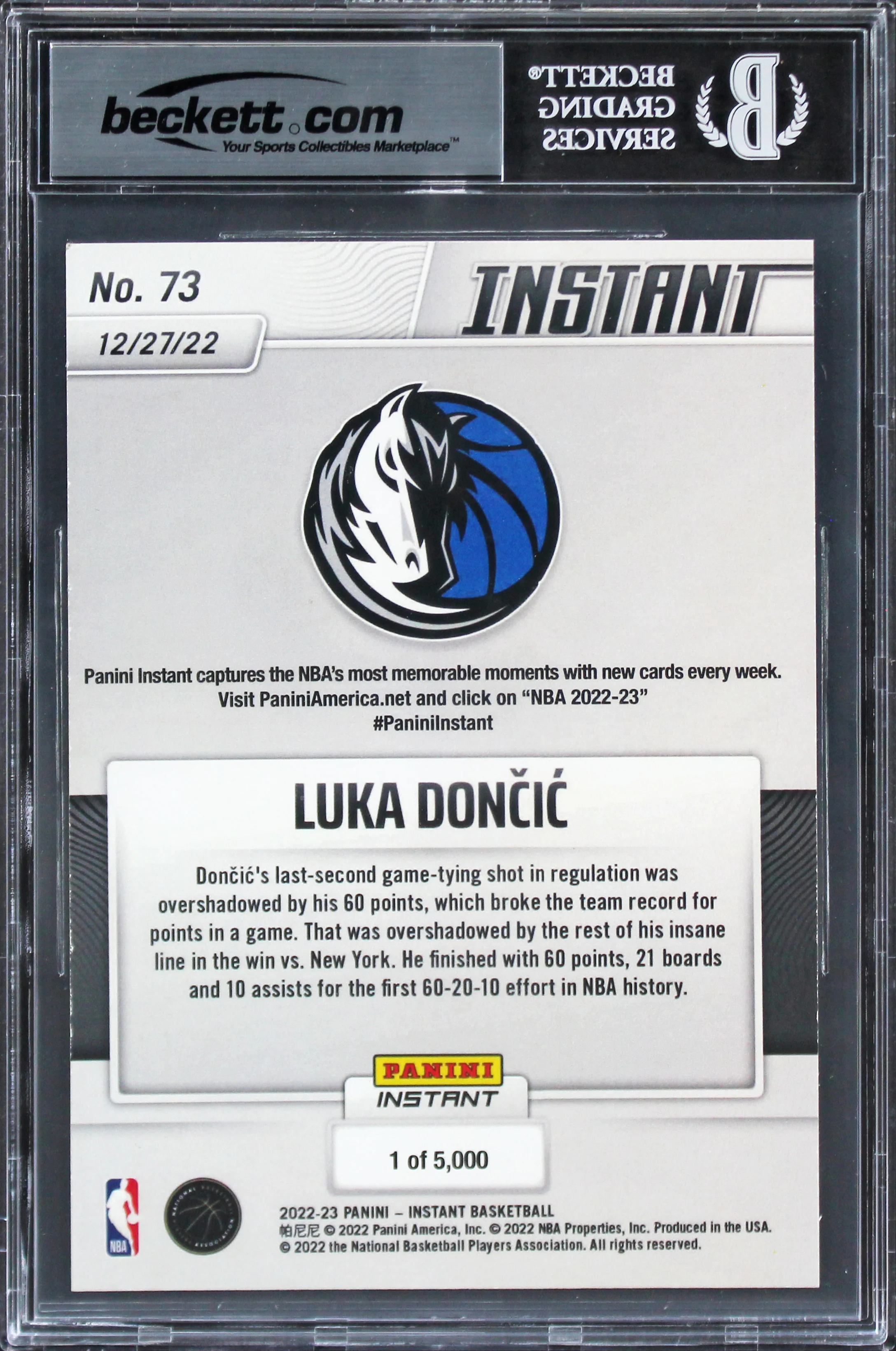 Luka Doncic Signed 2022 Panini Instant 60 Pt Triple Double #73 Card BAS Slabbed - Image 3