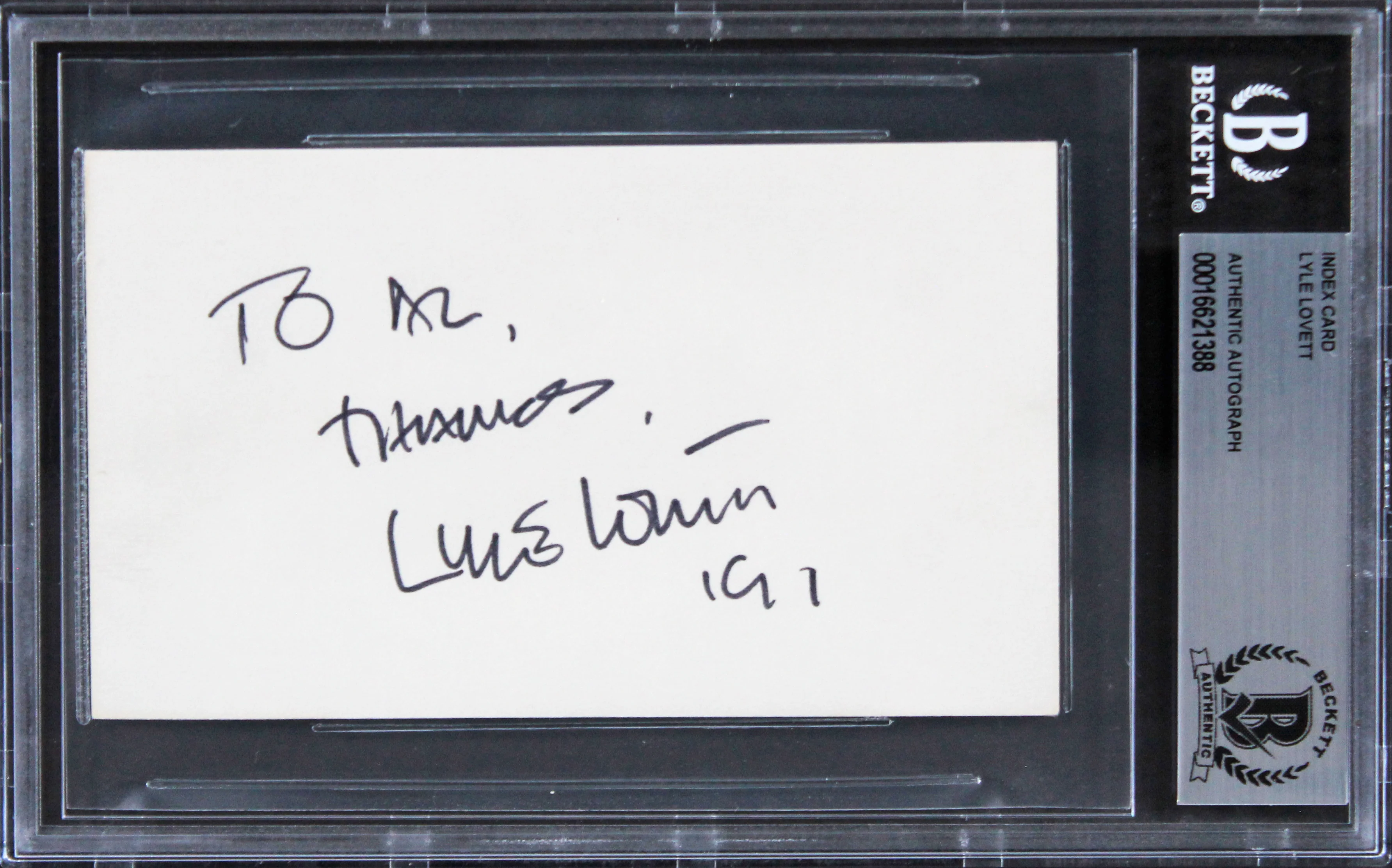 Lyle Lovett Singer "To Al Thomas 91" Authentic Signed 3x5 Index Card BAS Slabbed