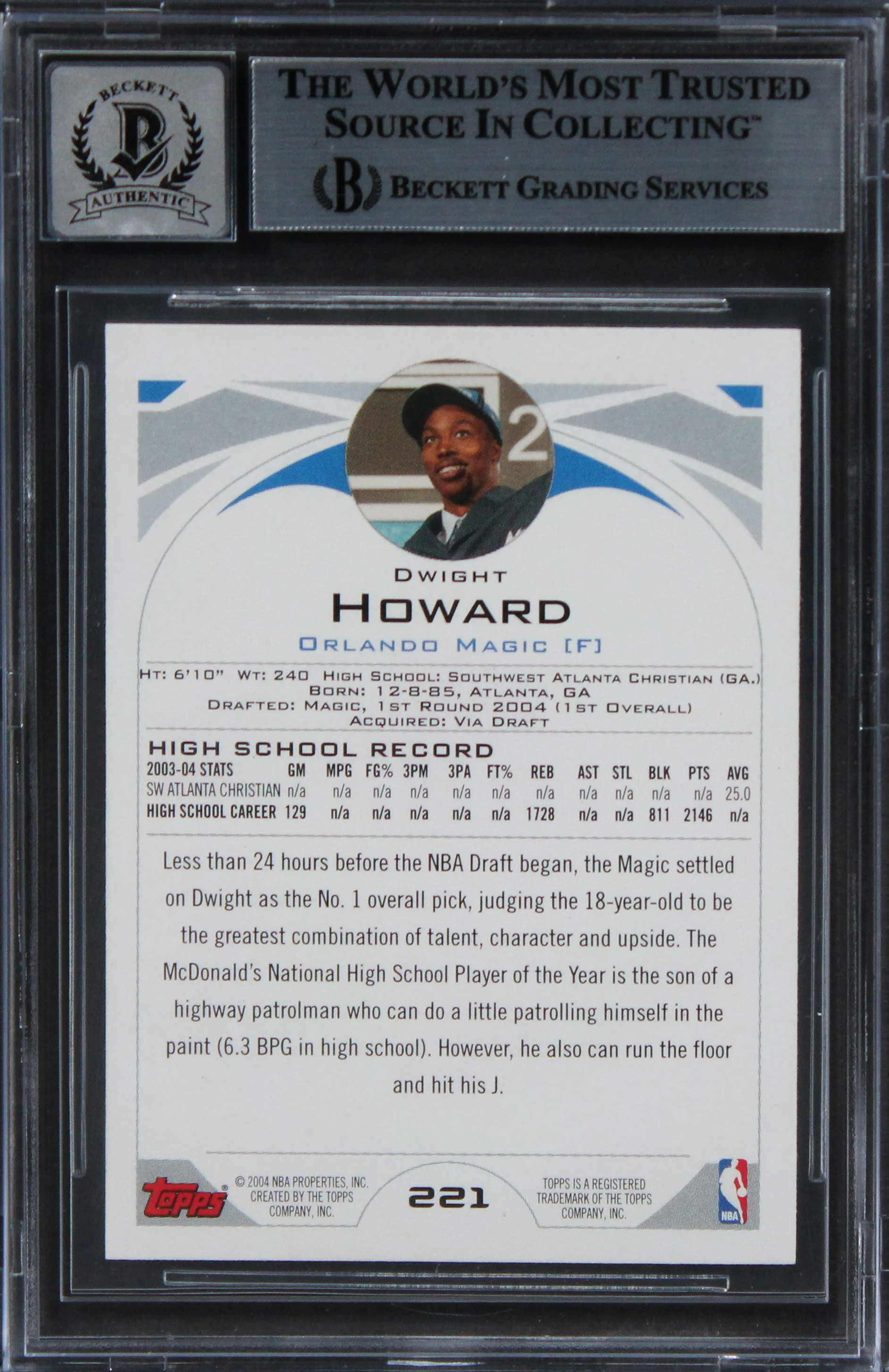 Magic Dwight Howard Authentic Signed 2004 Topps #221 Card BAS Slabbed - Image 3