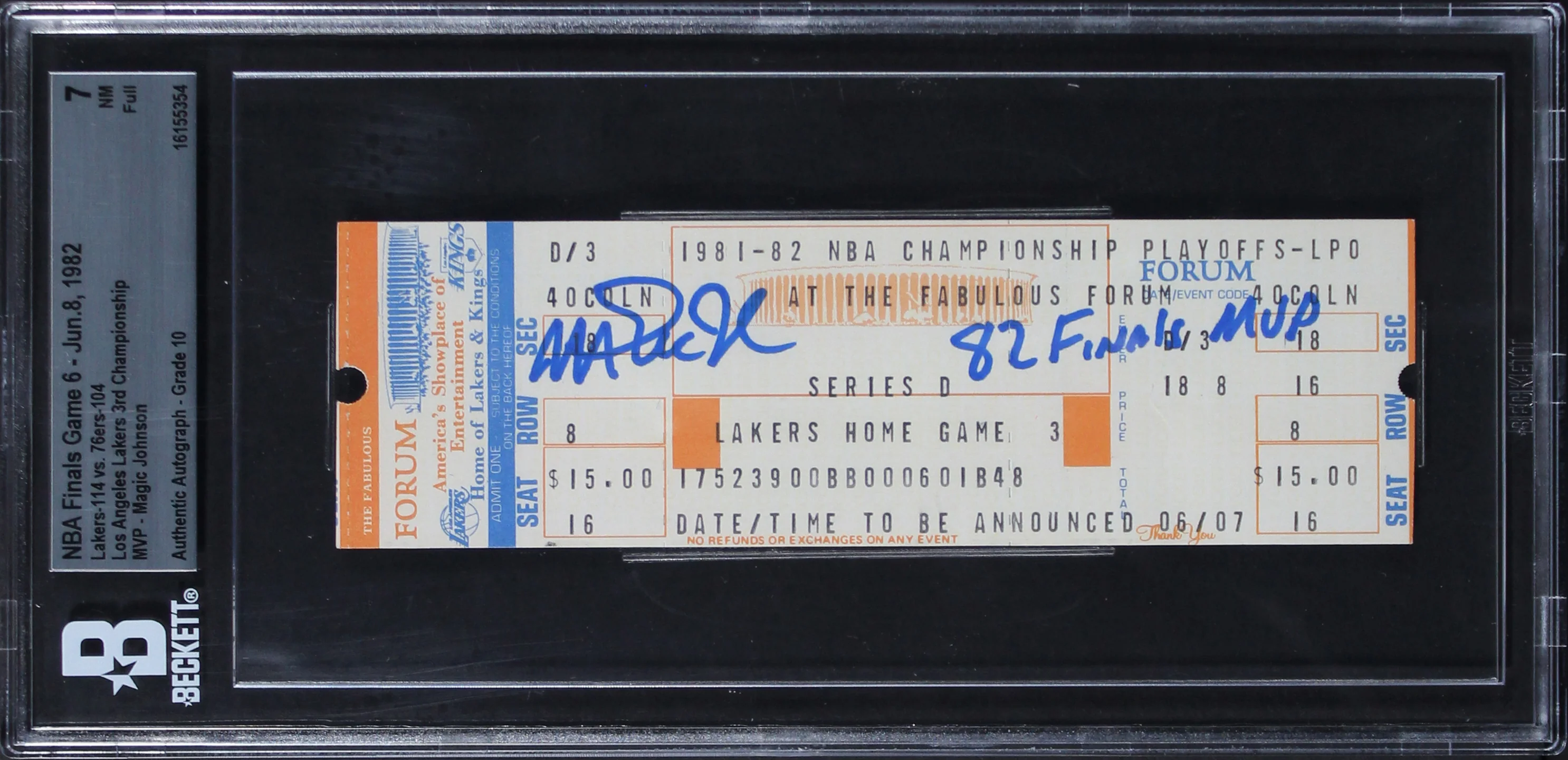 Magic Johnson 82 Finals MVP Signed 1982 Game 6 Ticket EX-MT 7 Auto 10 BAS Slab 1