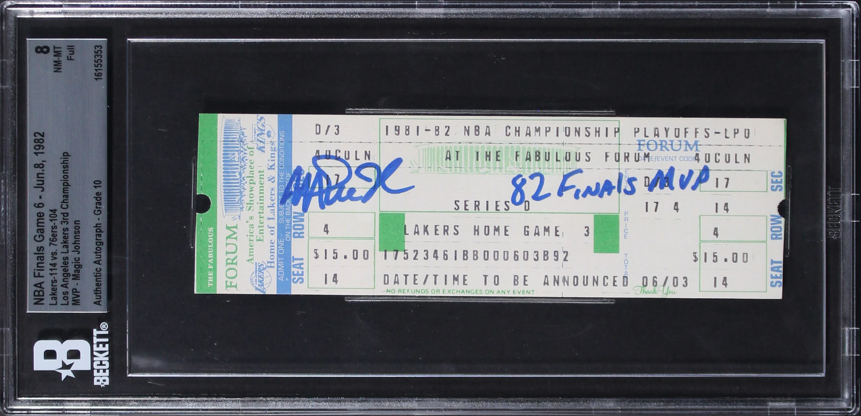 Magic Johnson 82 Finals MVP Signed 1982 Game 6 Ticket EX-MT 8 Auto 10 BAS Slab 1 - Image 2