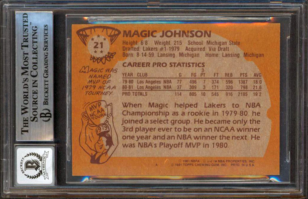 Magic Johnson Authentic Signed 1981 Topps #21 Card Auto 10! BAS Slab 12848585 - Image 3