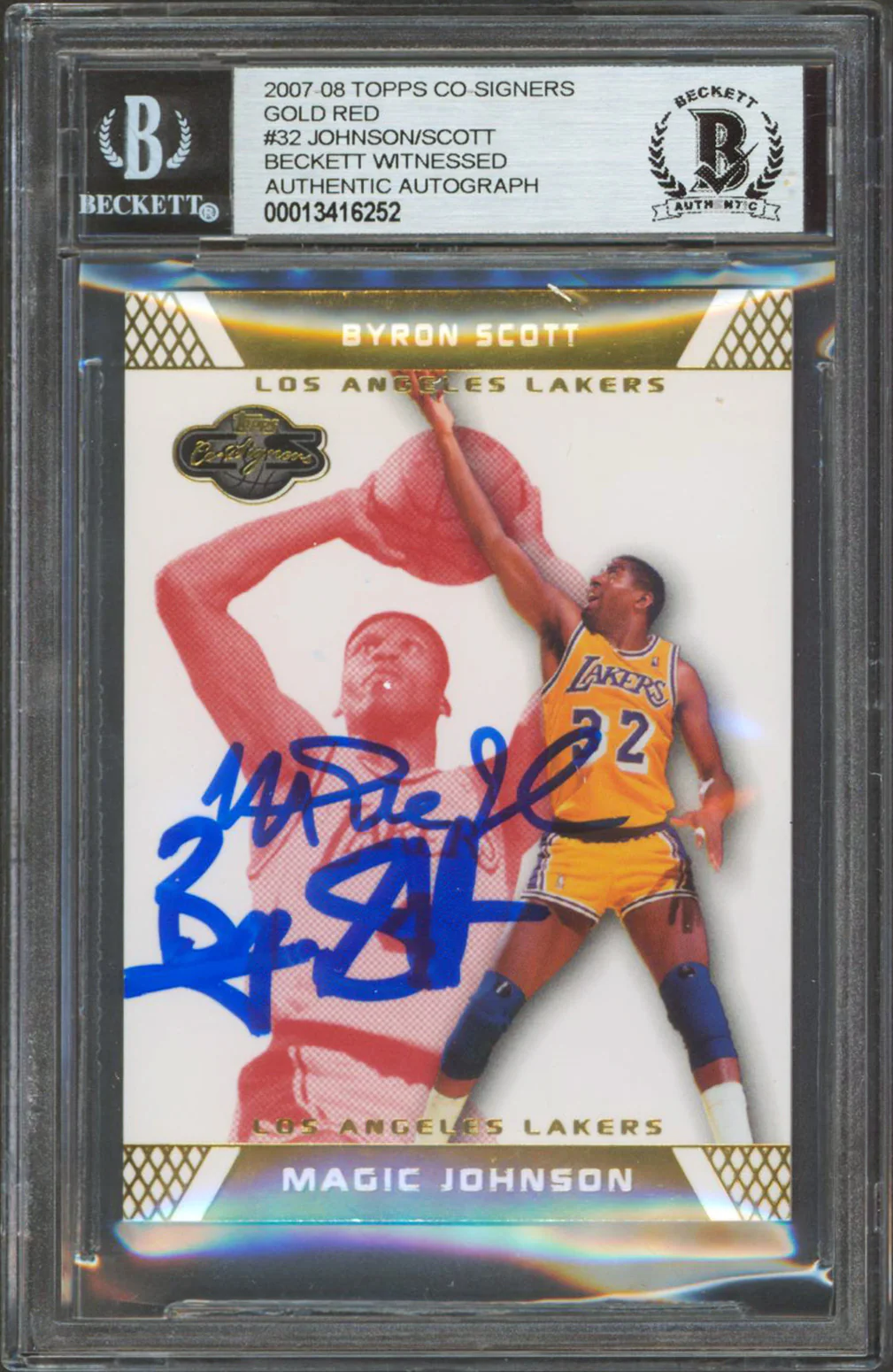 Magic Johnson & Byron Scott Signed 2007 Topps Co-Sign Gold Red #32 Card BAS Slab - Image 2
