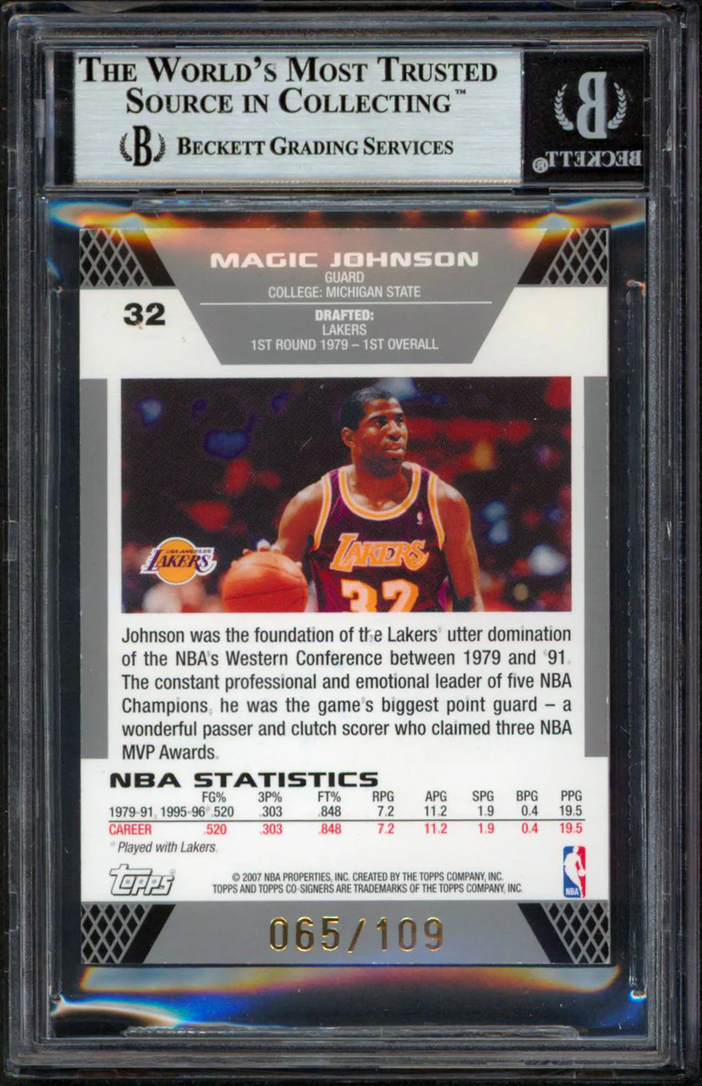 Magic Johnson & Byron Scott Signed 2007 Topps Co-Sign Gold Red #32 Card BAS Slab - Image 3