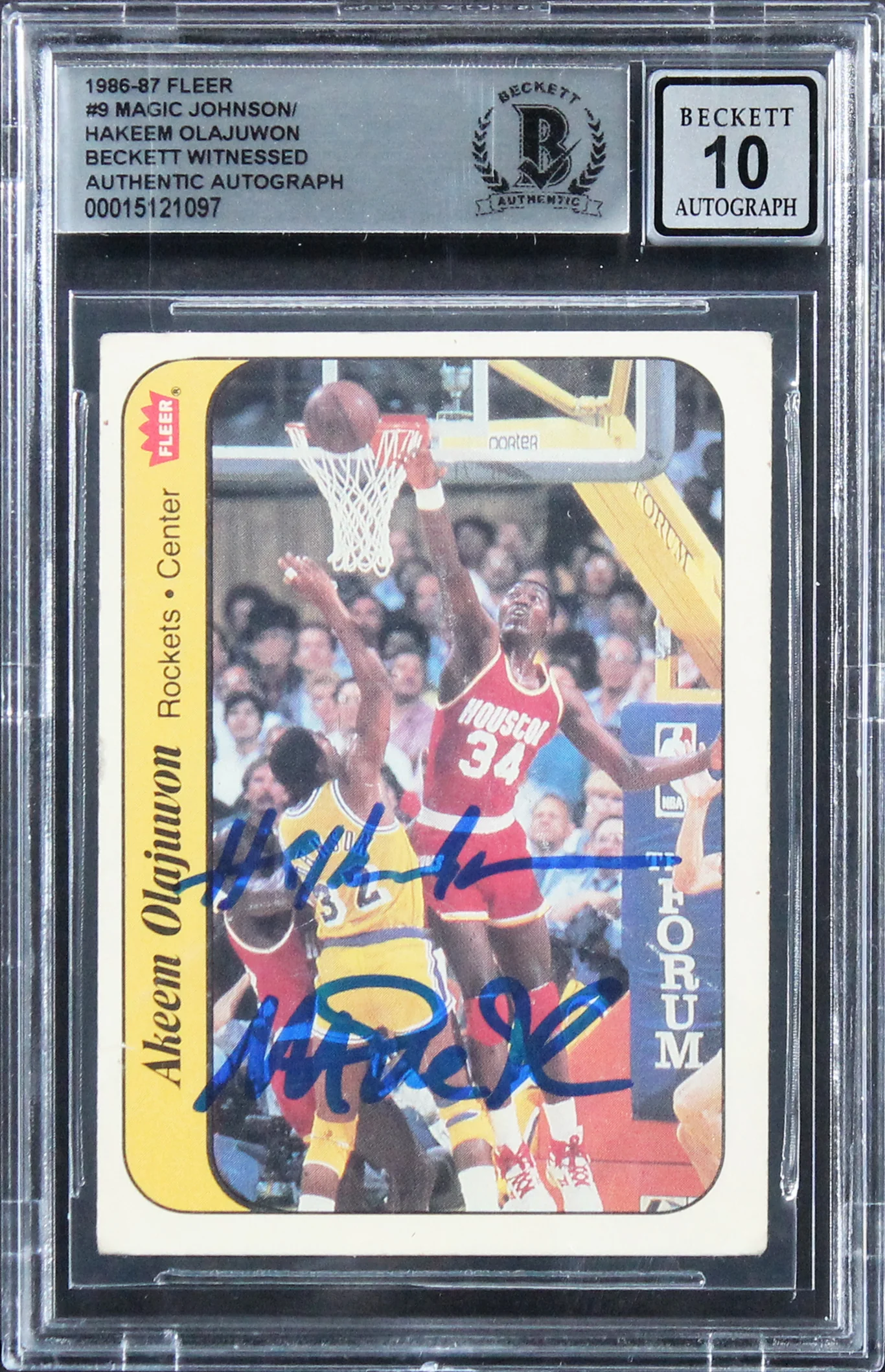 Magic Johnson & Hakeem Olajuwon Signed 1986 Fleer #9 Card Auto 10! BAS Slabbed - Image 2