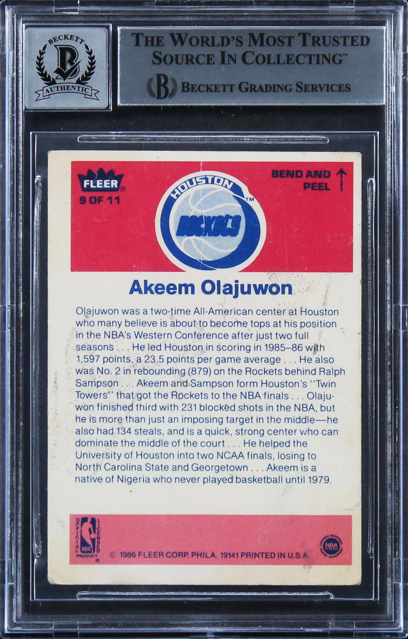 Magic Johnson & Hakeem Olajuwon Signed 1986 Fleer #9 Card Auto 10! BAS Slabbed - Image 3