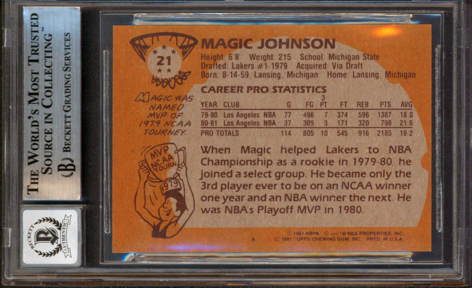 Magic Johnson "HOF 02" Signed 1981 Topps #21 Card Auto 10! BAS Slab #13630876 - Image 3